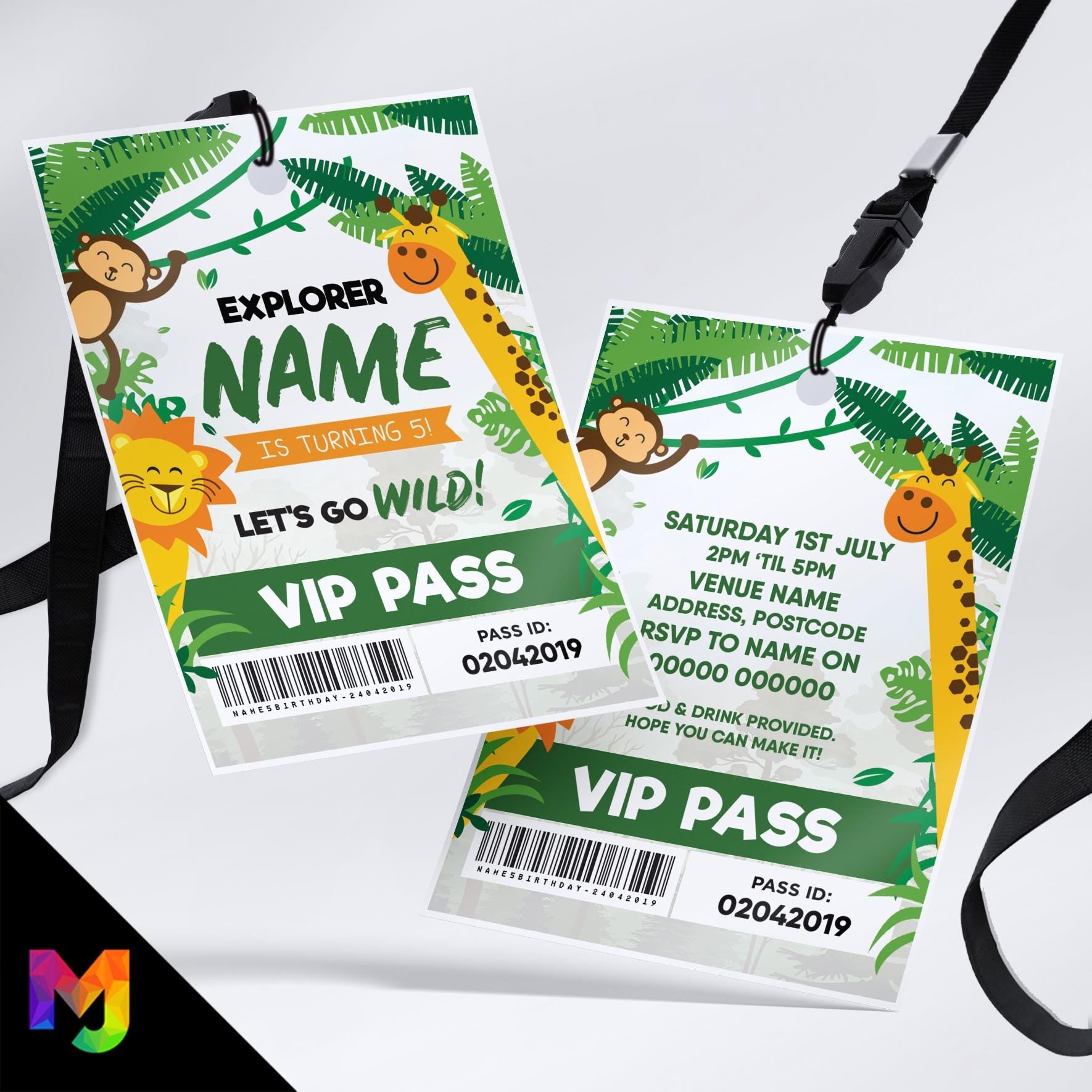 Personalised Jungle Animals style VIP pass & lanyard Invitations Invites