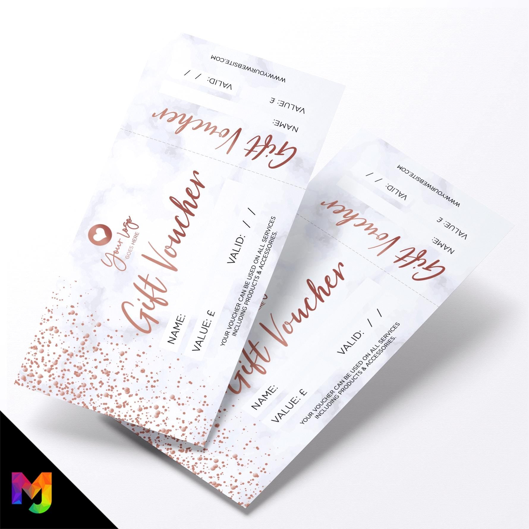 Custom printed gift vouchers | Perforated stubs | Marble Rose Gold White Modern Sparkle Style Modern Elegant Fancy