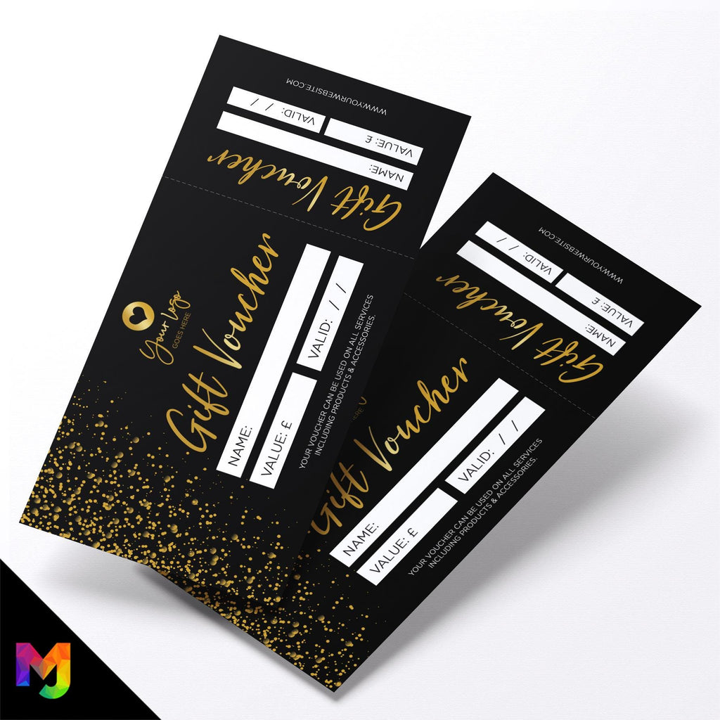 Custom printed gift vouchers | Perforated stubs | Black gold glitter style modern fancy professional