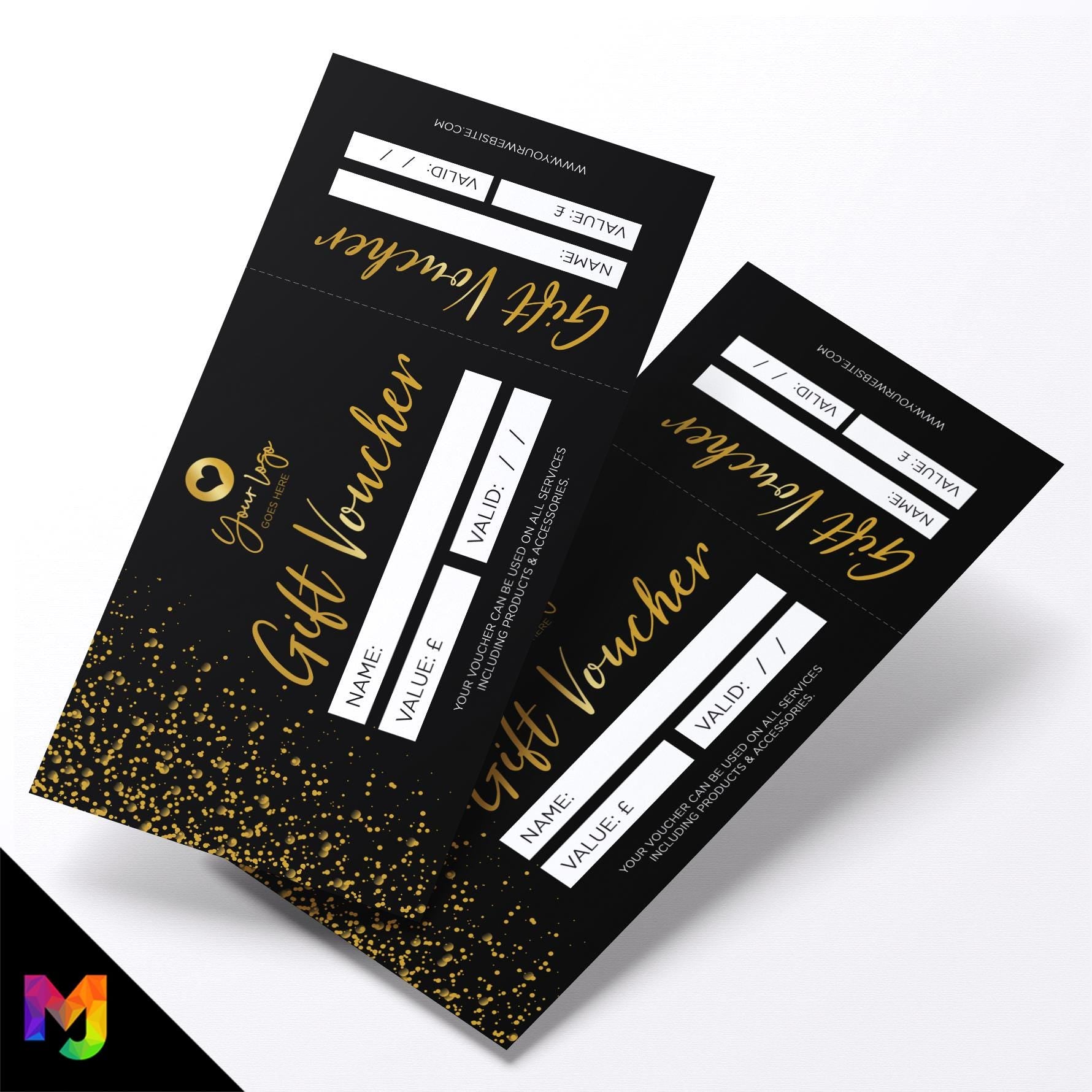 Custom printed gift vouchers | Perforated stubs | Black gold glitter style modern fancy professional