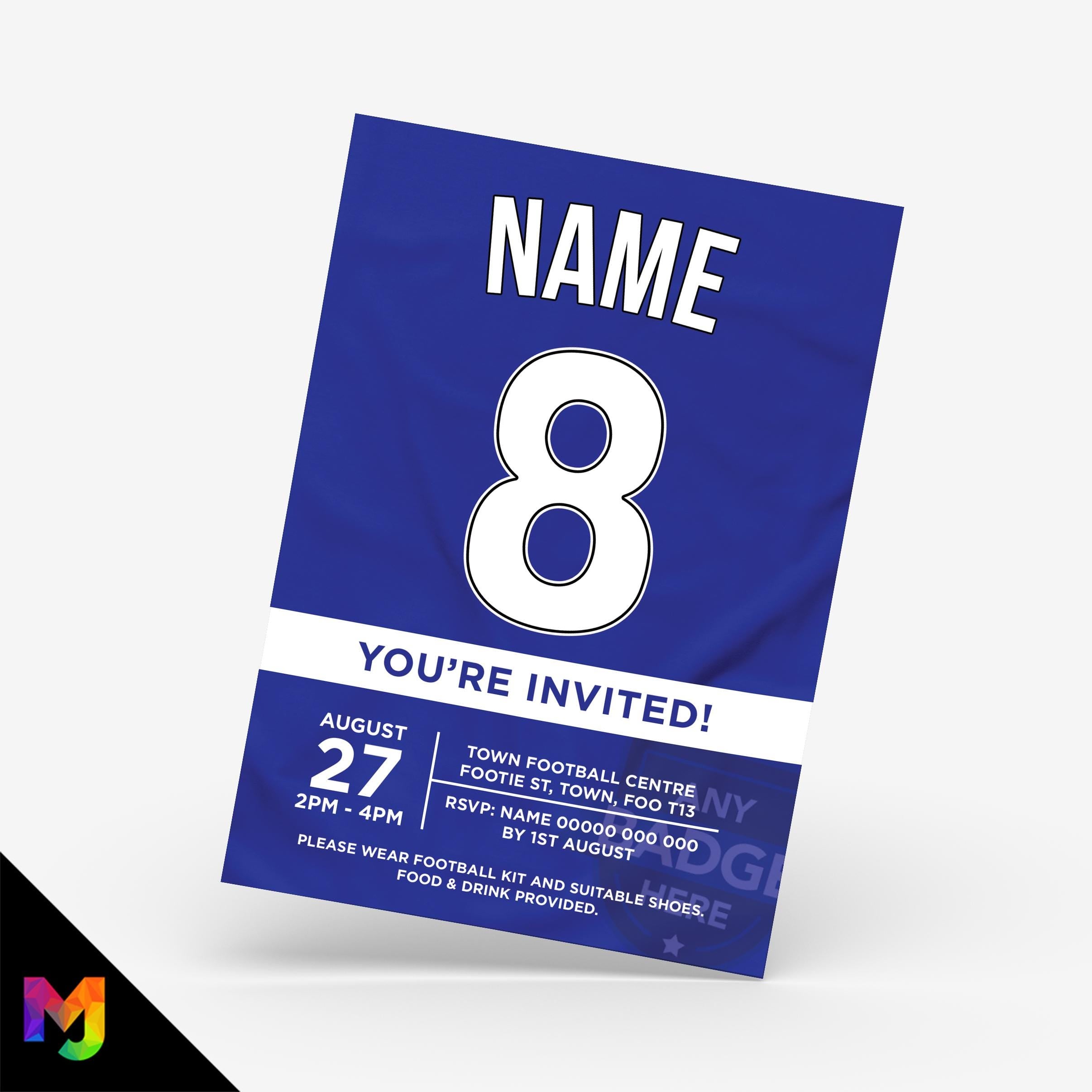 Personalised blue football shirt style Invitations Invites + thank you cards | Any colours!