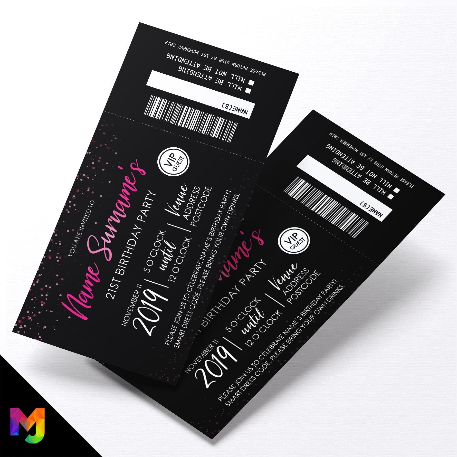 Personalised 21st birthday party black hot pink glitter ticket style Invitations Invites | Perforated | Any age!