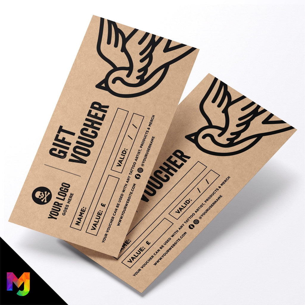 Custom printed kraft gift vouchers | Eco-friendly recycled | Tattoo studio tattooist artist piercing body art trad 1