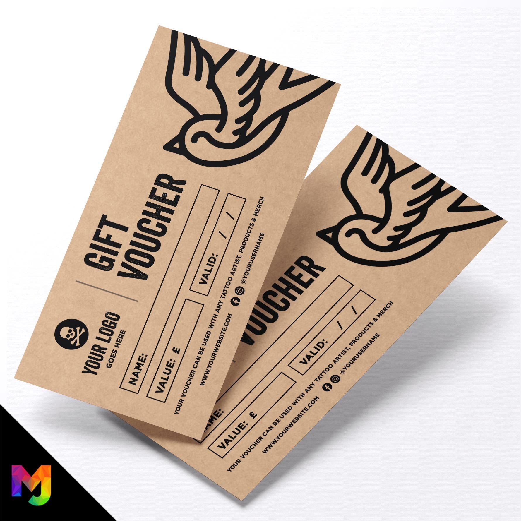Custom printed kraft gift vouchers | Eco-friendly recycled | Tattoo studio tattooist artist piercing body art trad 1