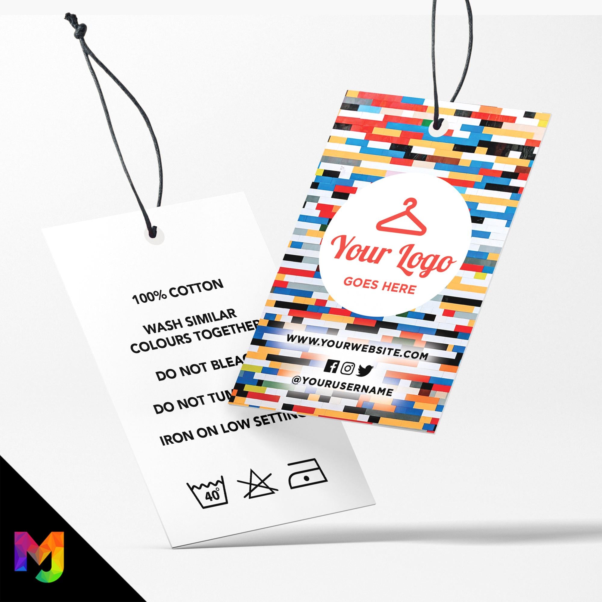 Custom printed clothing swing tags cards | Coloured bricks pattern abstract style design