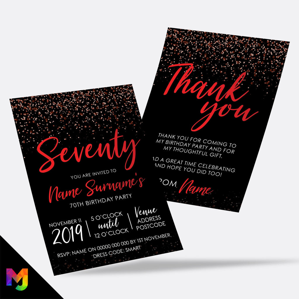 Personalised 70th birthday party Invitations Invites | Black red glitter modern design