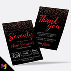 Personalised 70th birthday party Invitations Invites | Black red glitter modern design