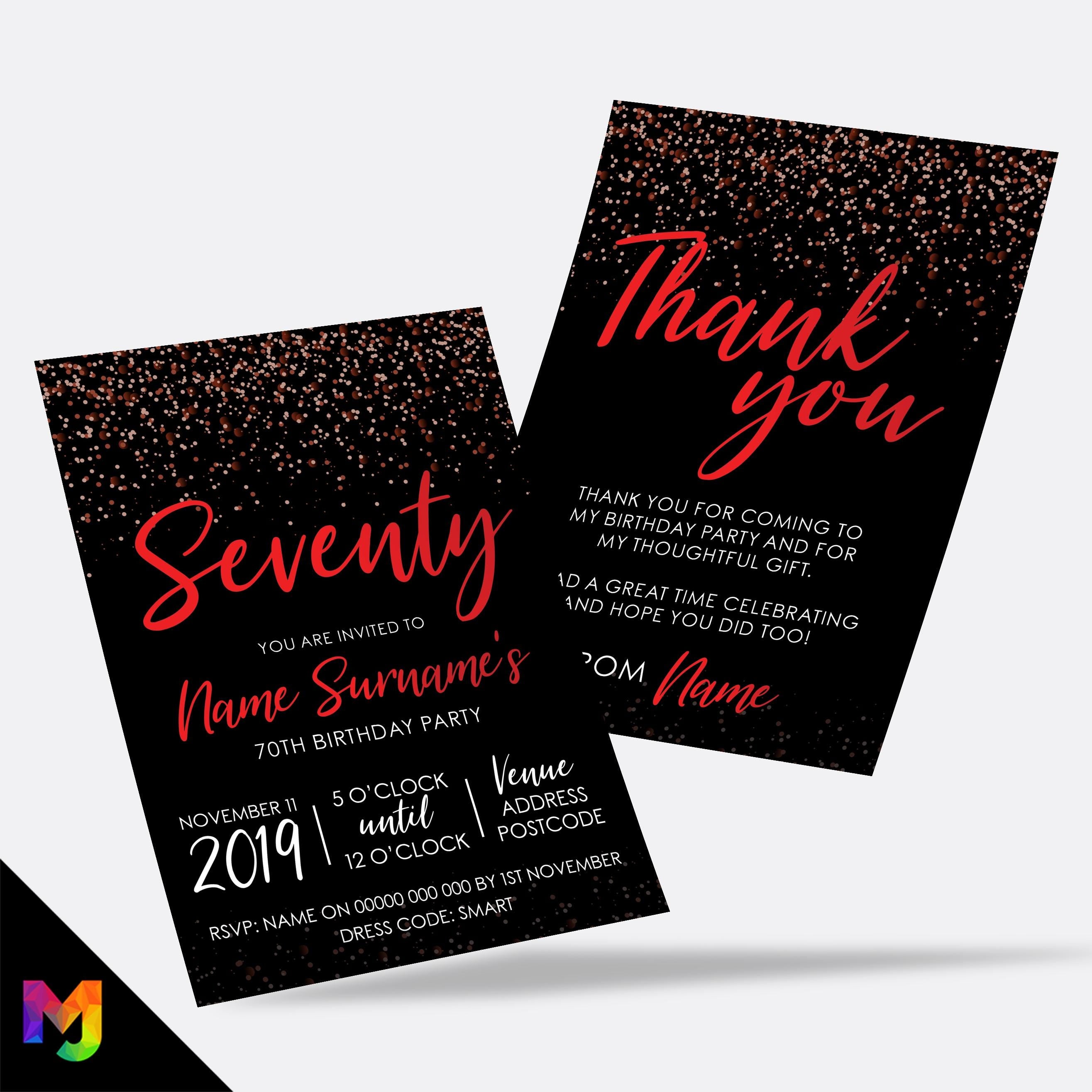 Personalised 70th birthday party Invitations Invites | Black red glitter modern design