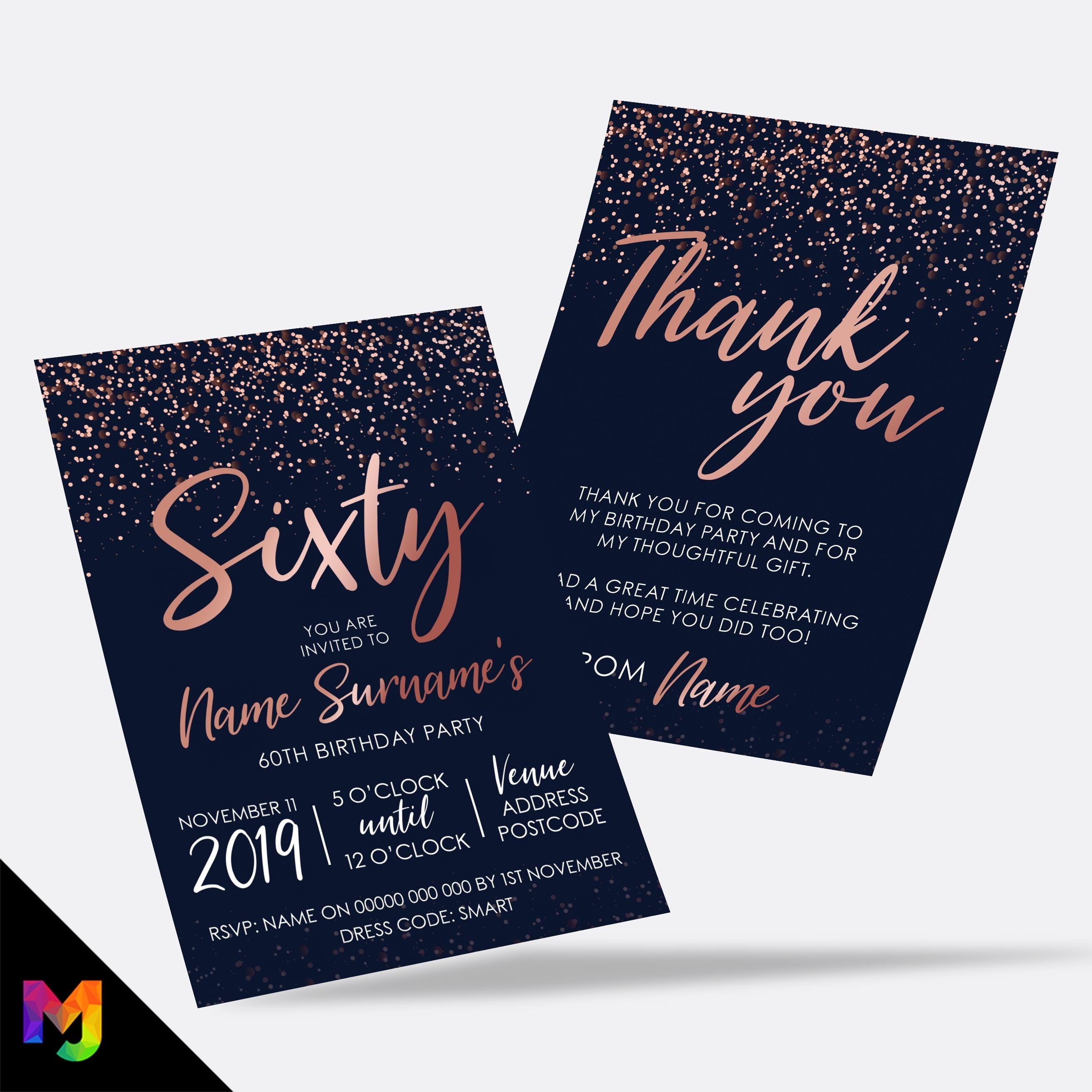 Personalised 60th birthday party Invitations Invites | Navy rose gold glitter style modern design