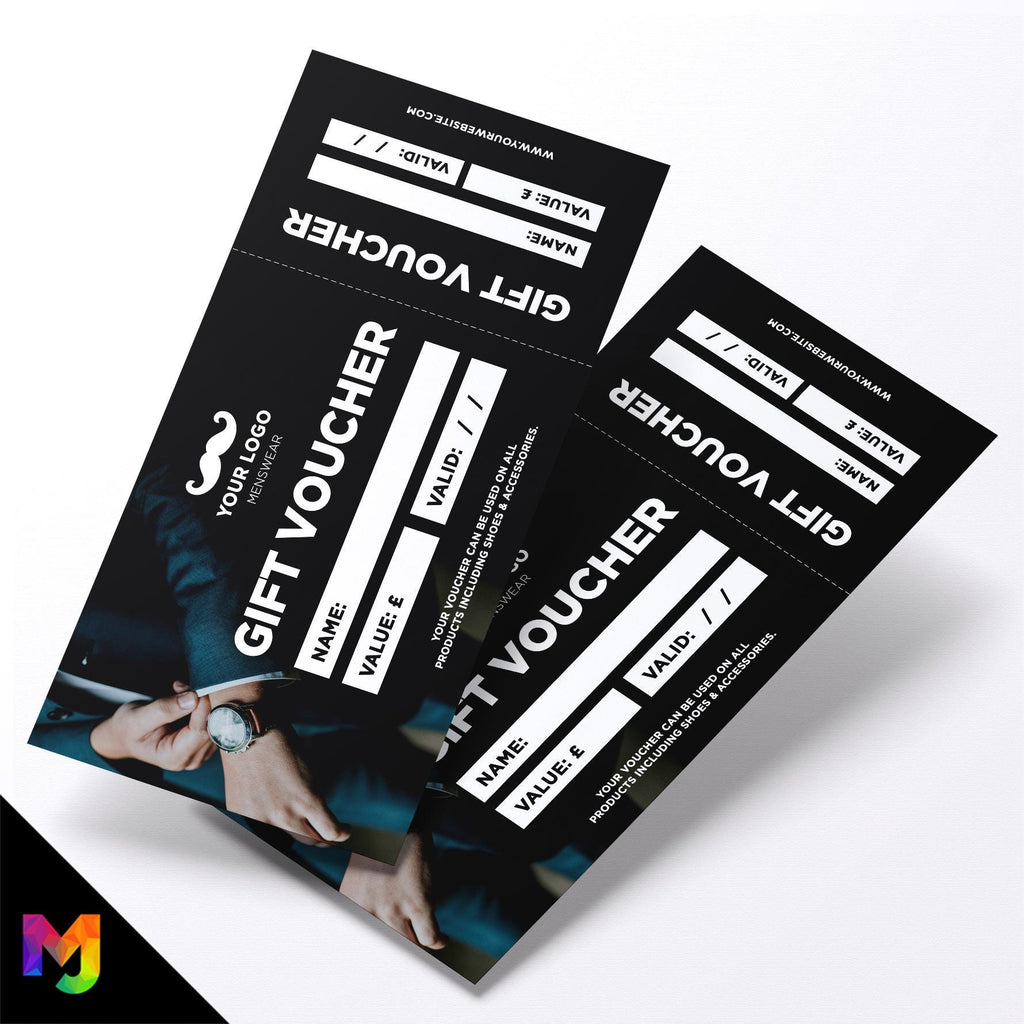 Custom printed gift vouchers | Perforated stubs | Menswear Business Clothing Suits Trousers Shirt Watch Tie Smart Formal 1