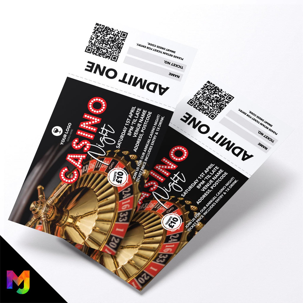 Custom casino night event tickets | Perforated stubs | Gamble casino gambling event pub charity event 1