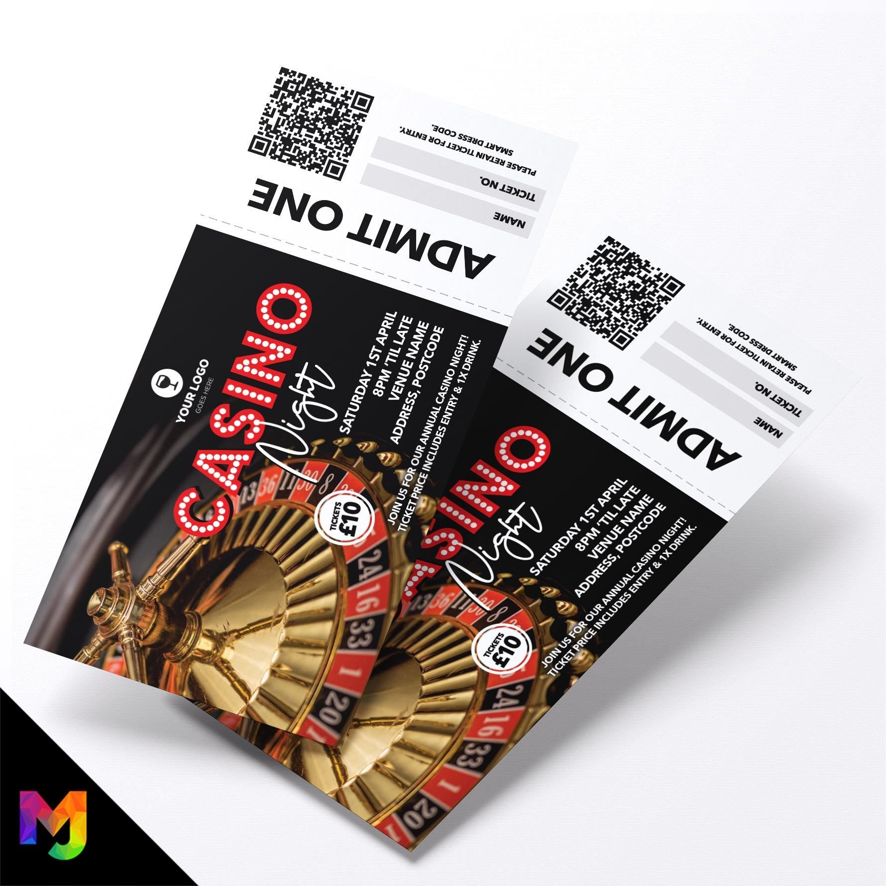 Custom casino night event tickets | Perforated stubs | Gamble casino gambling event pub charity event 1