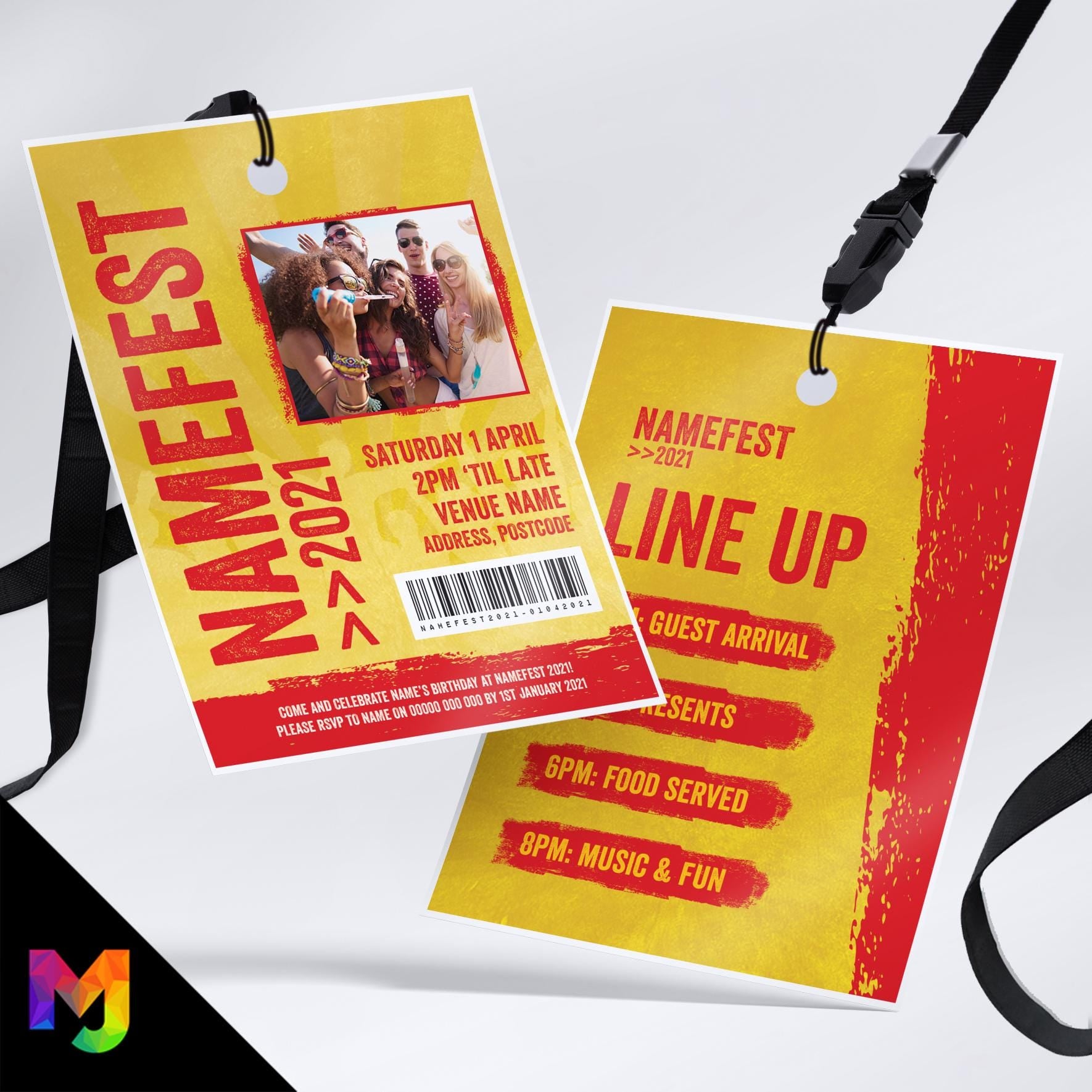 Personalised festival style VIP pass & lanyard Invitations Invites | Yellow design | Music summer fest