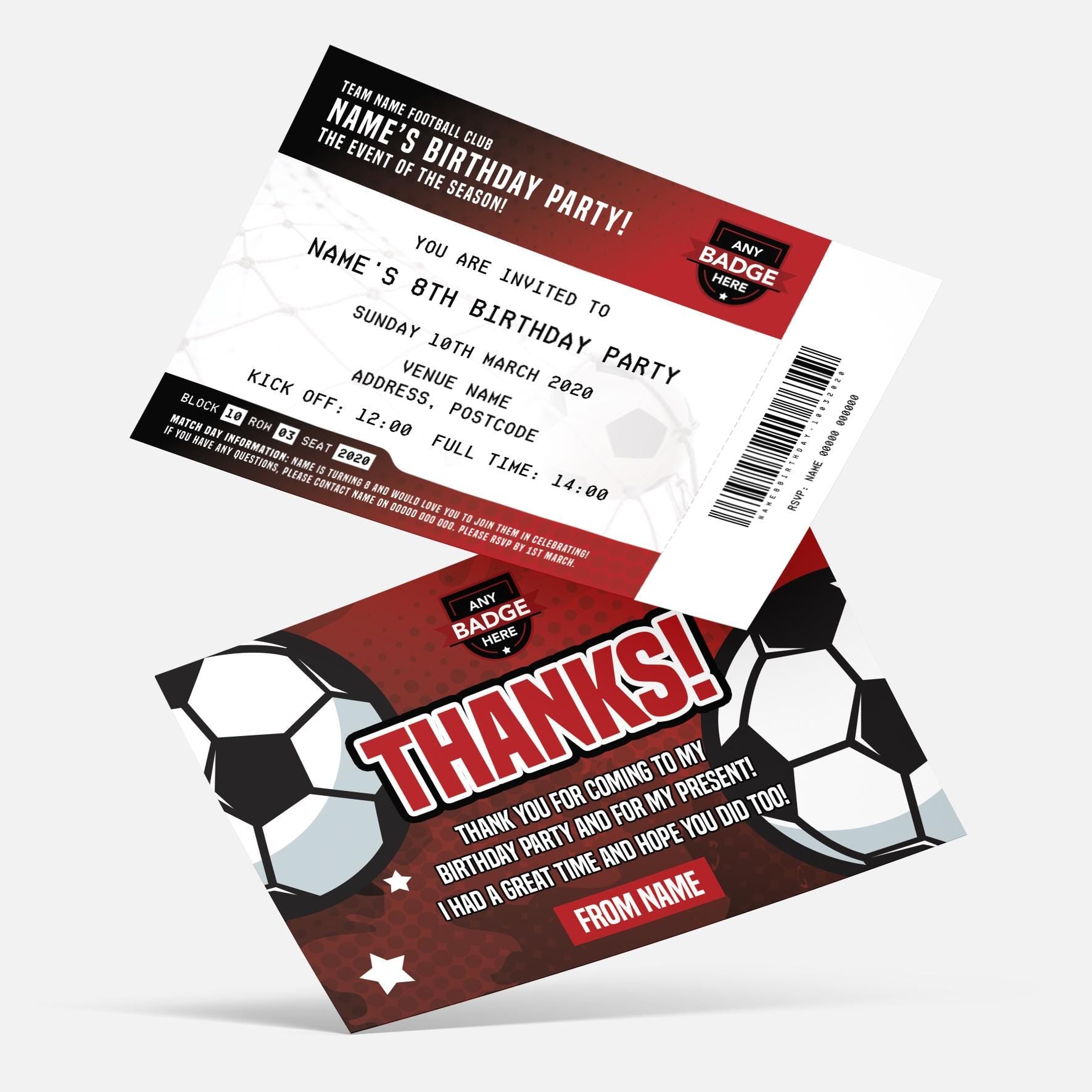 Personalised black & red football ticket style party Invitations Invites + thank you cards | Any colours!