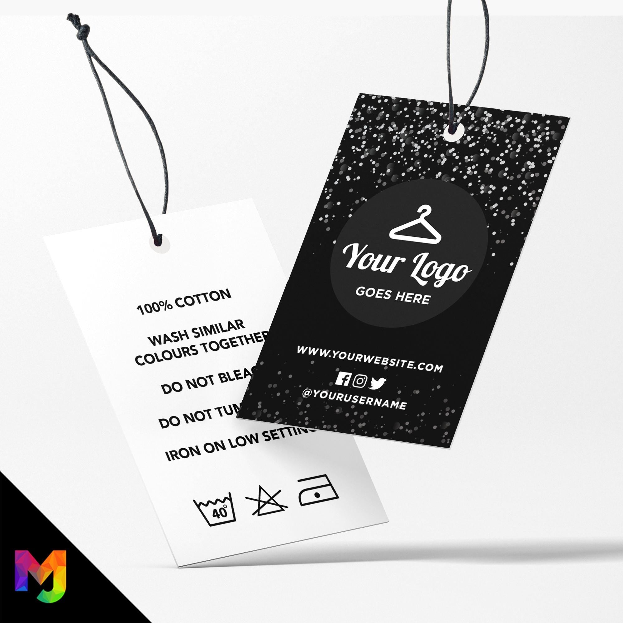 Custom printed clothing swing tags cards | Black white glitter modern style design