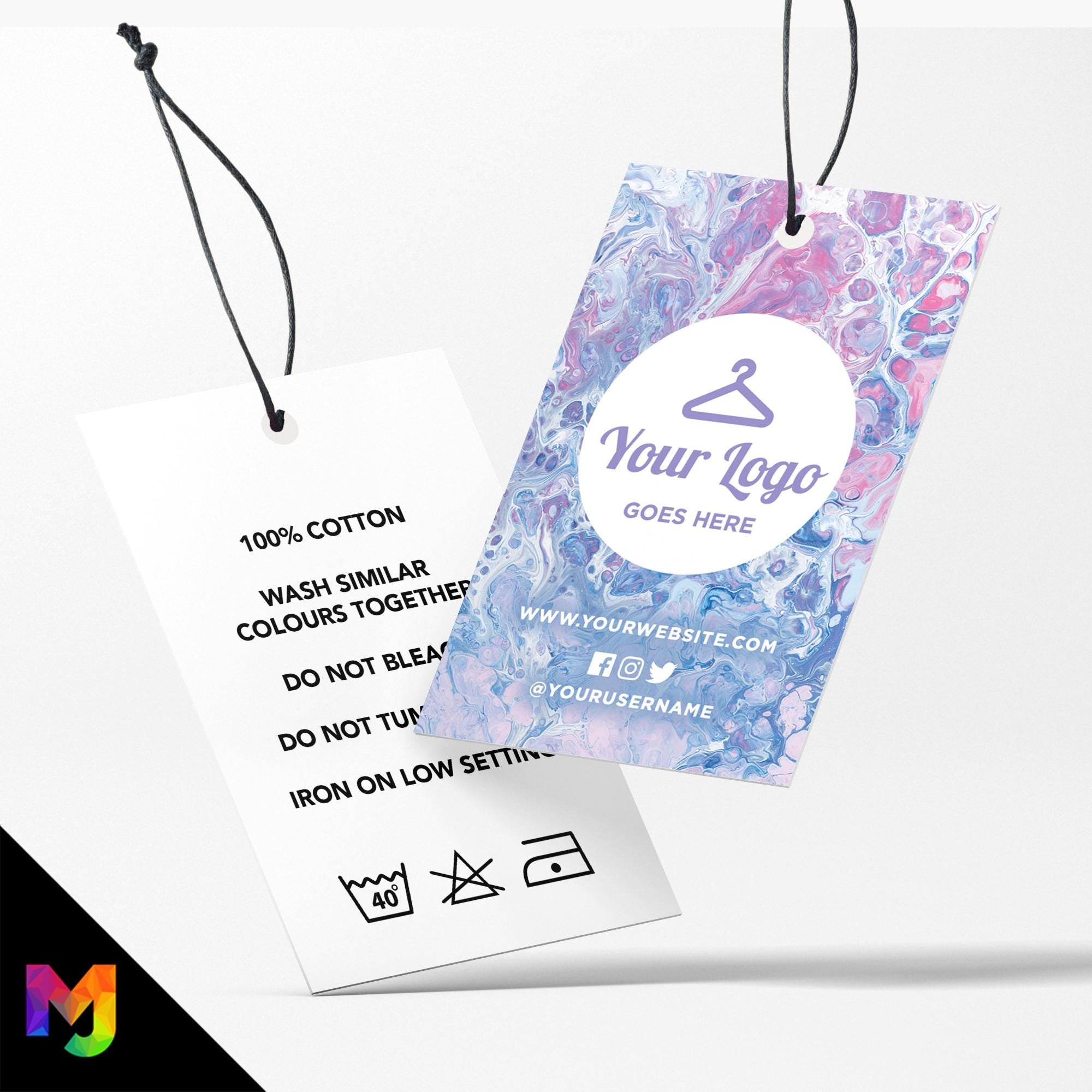 Custom printed clothing swing tags cards | Pink purple blue wax pattern abstract style design