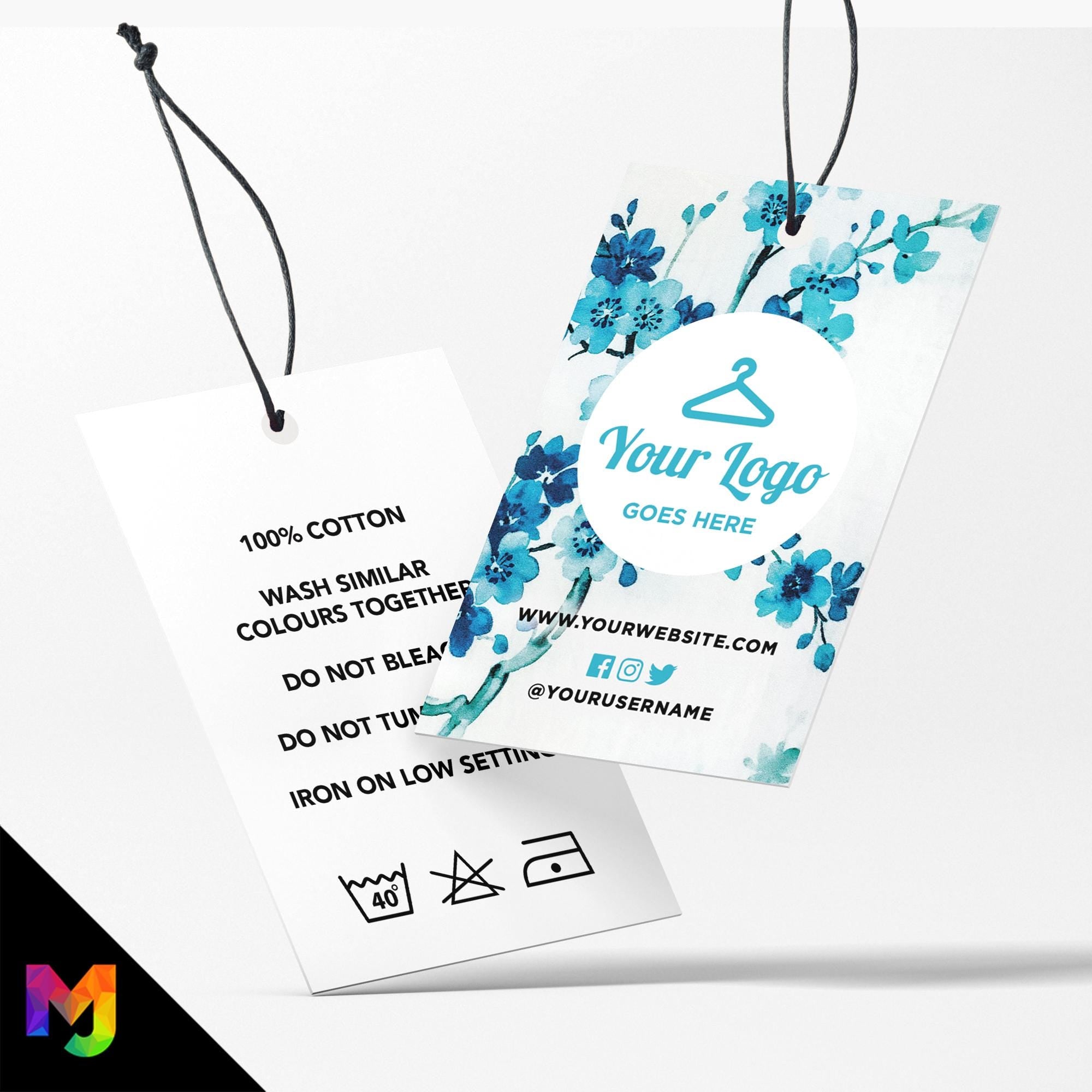 Custom printed clothing swing tags cards | Blue teal bright bouquet floral flowers feminine design