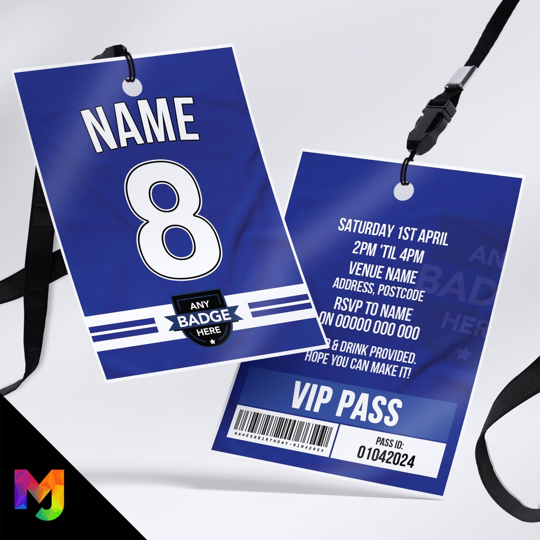 Personalised football shirt style VIP pass & lanyard Invitations Invites | Any Team | Dark navy blue shirt style