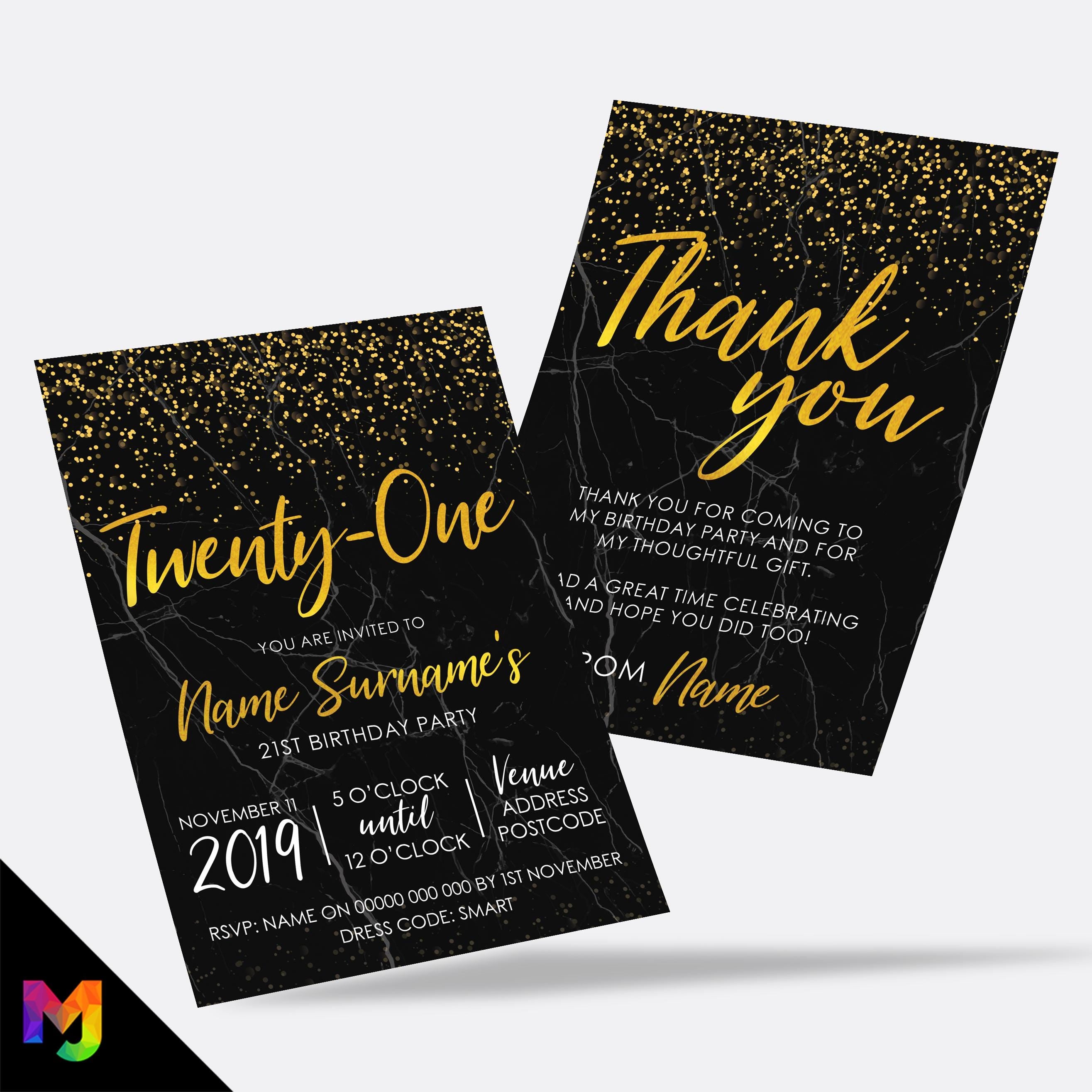 Personalised 21st birthday party Invitations Invites | Black marble gold glitter modern design