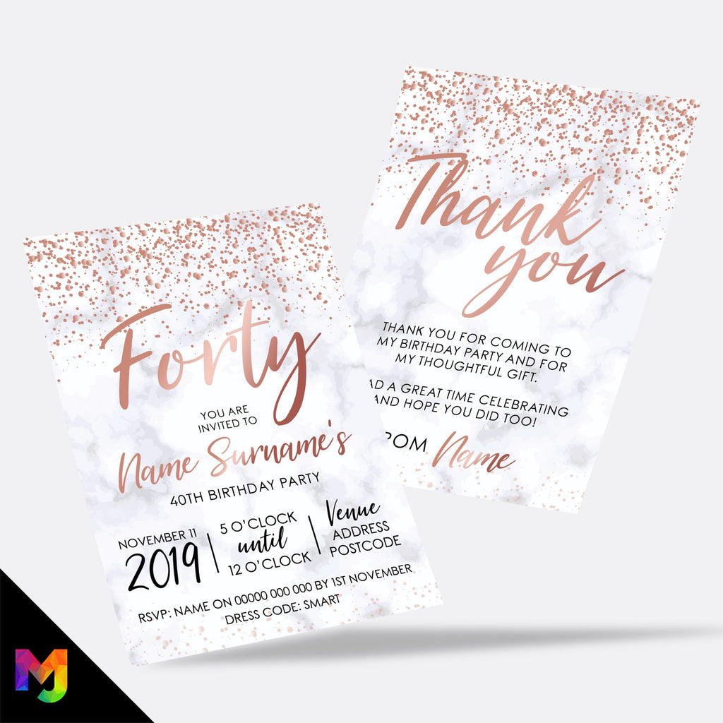 Personalised 40th birthday party Invitations Invites | Marble rose gold glitter modern design