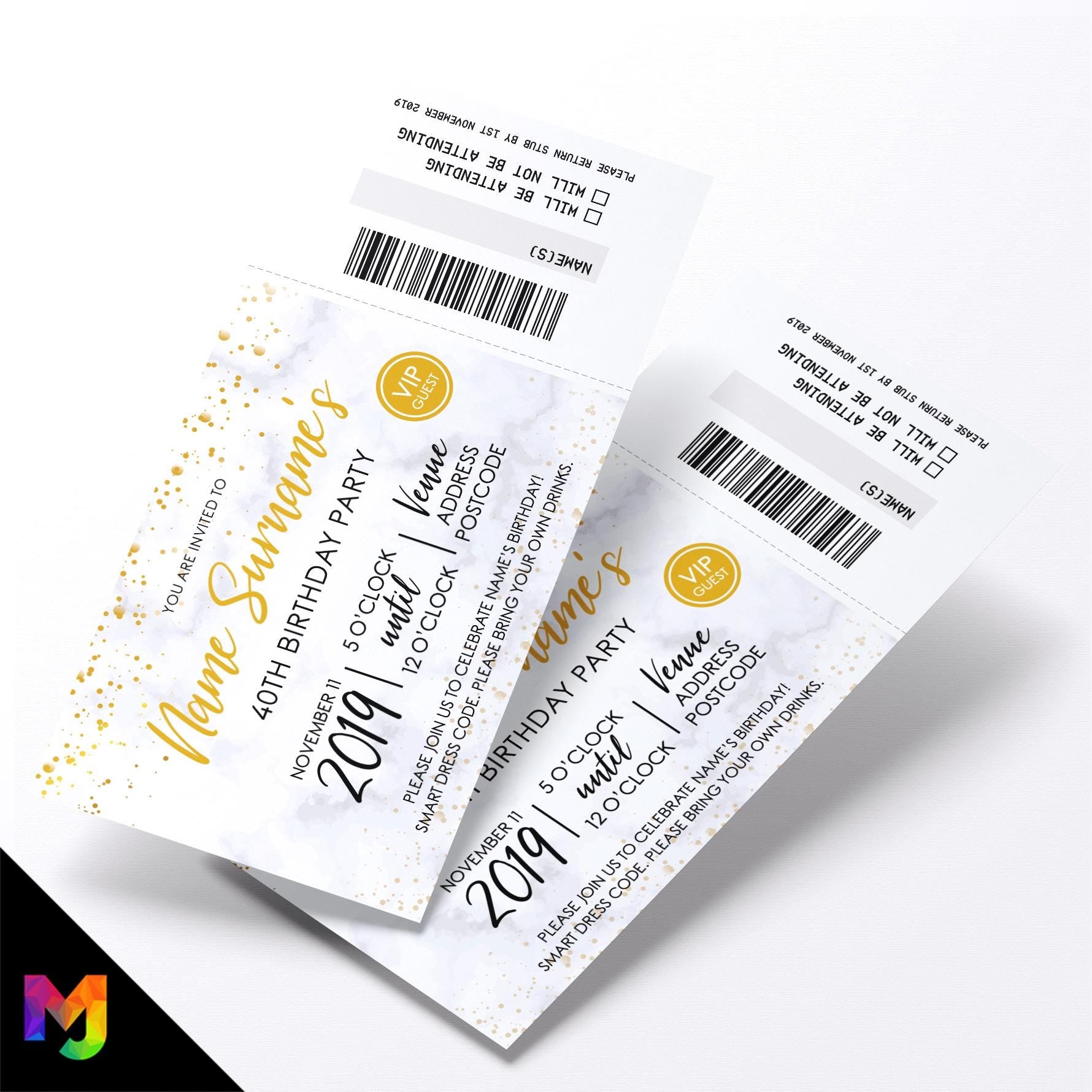 Personalised 40th birthday party marble gold glitter ticket style Invitations Invites | Perforated | Any age!