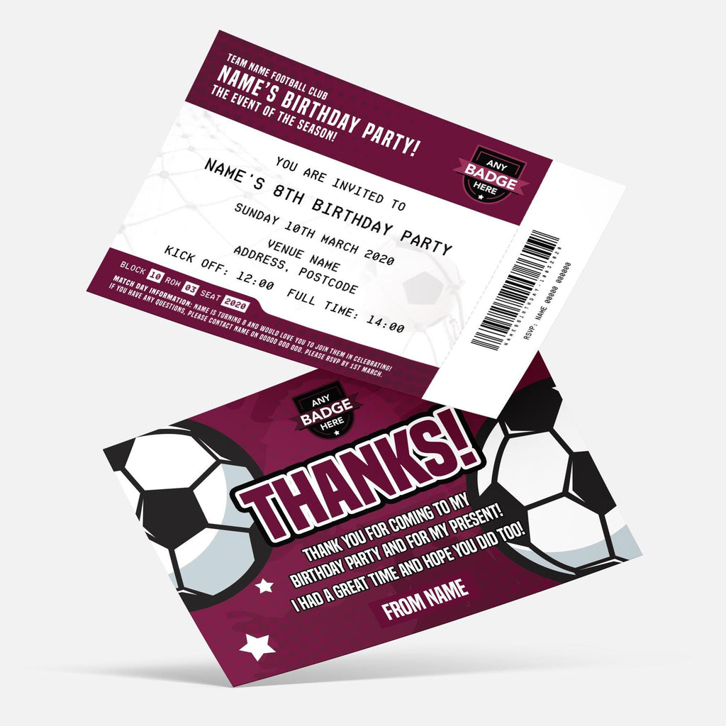 Personalised football ticket style Invitations Invites + thank you cards | Any team and colours!