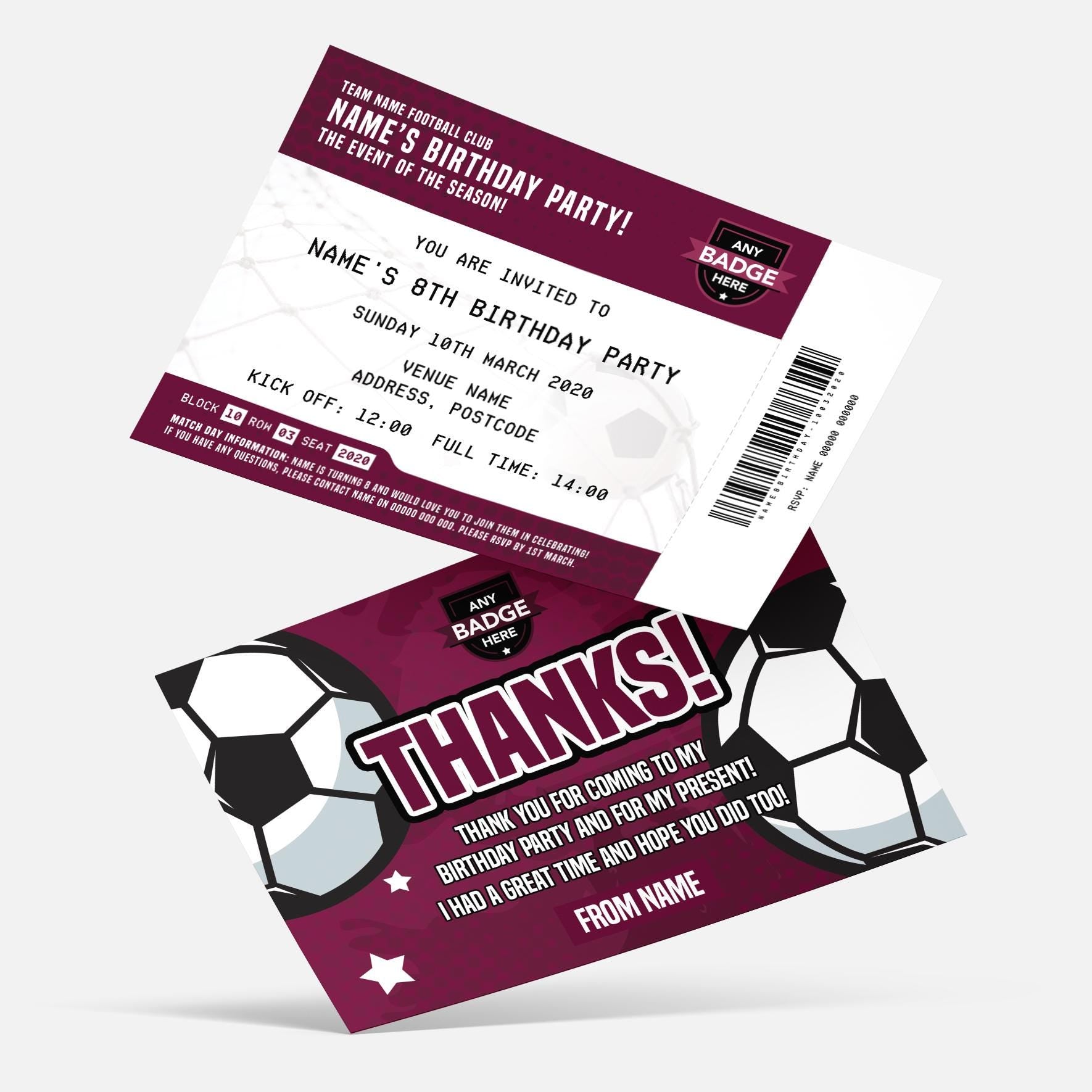 Personalised football ticket style Invitations Invites + thank you cards | Any team and colours!