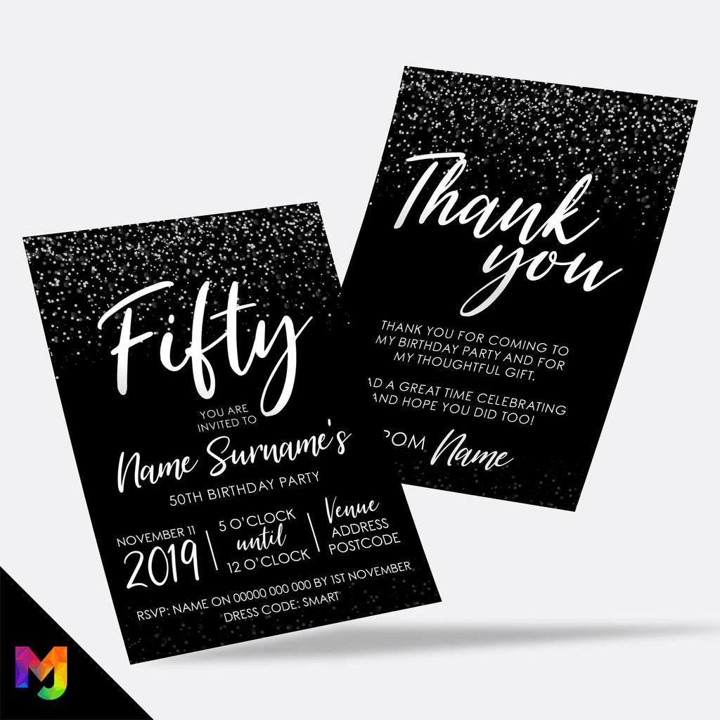 Personalised 50th birthday party Invitations Invites | Black white silver glitter modern design