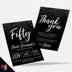 Personalised 50th birthday party Invitations Invites | Black white silver glitter modern design