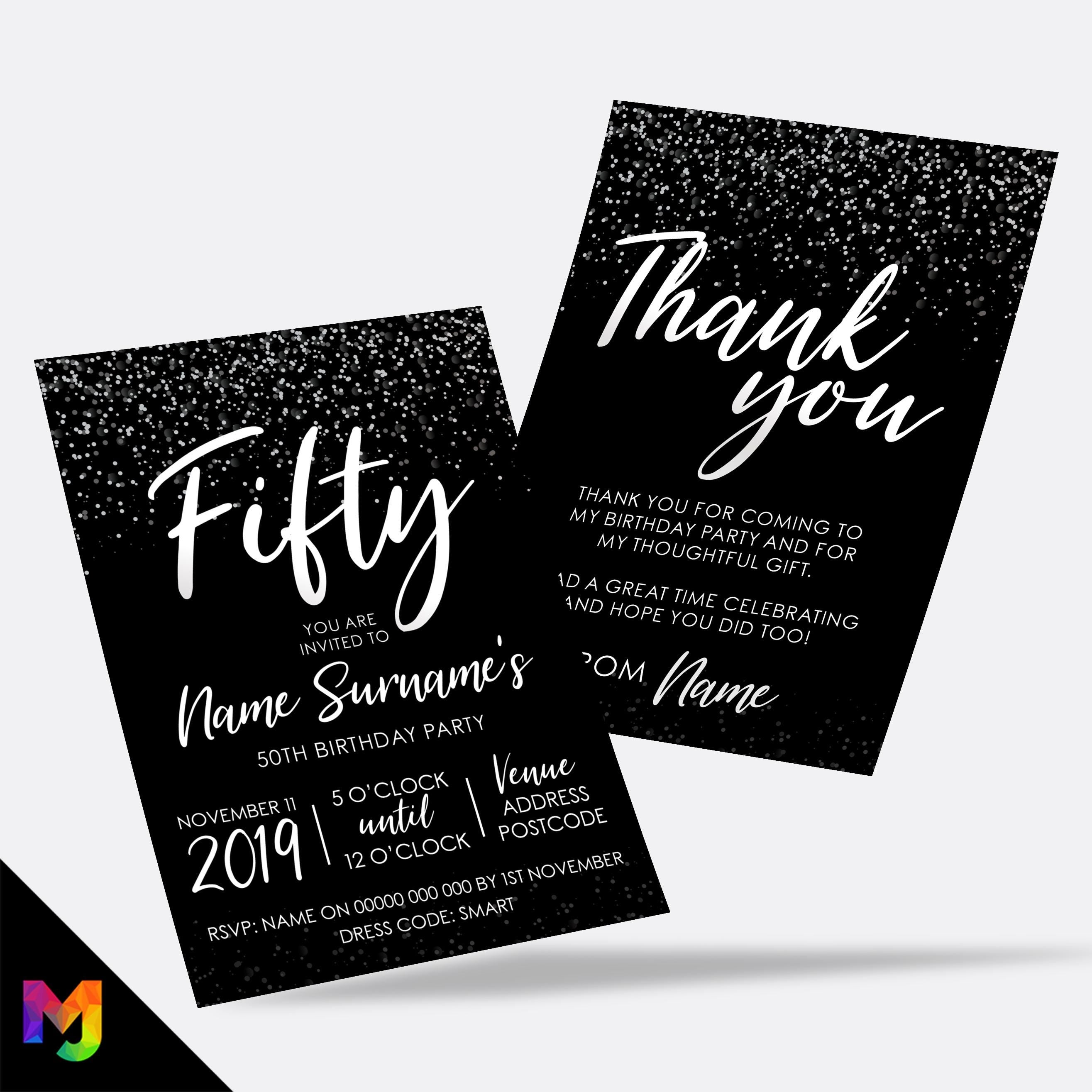 Personalised 50th birthday party Invitations Invites | Black white silver glitter modern design