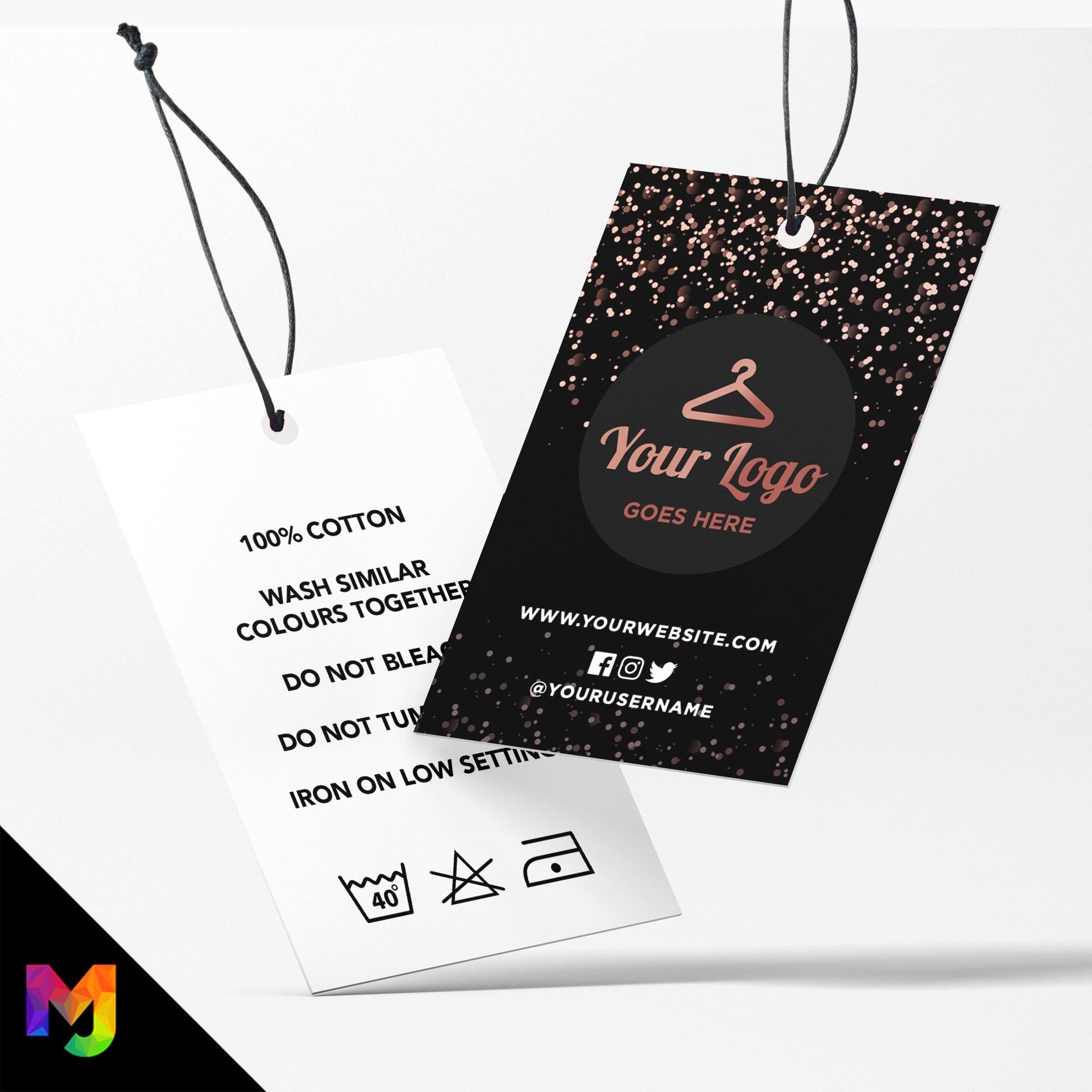 Custom printed clothing swing tags cards | Black rose gold glitter modern style design