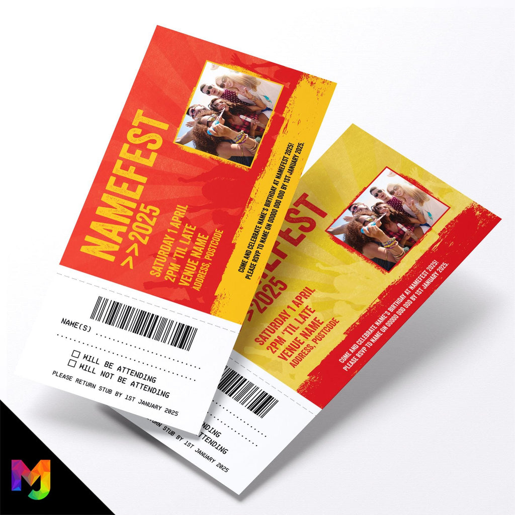 Personalised festival VIP ticket style party Invitations Invites | Red/yellow design | Perforated stubs