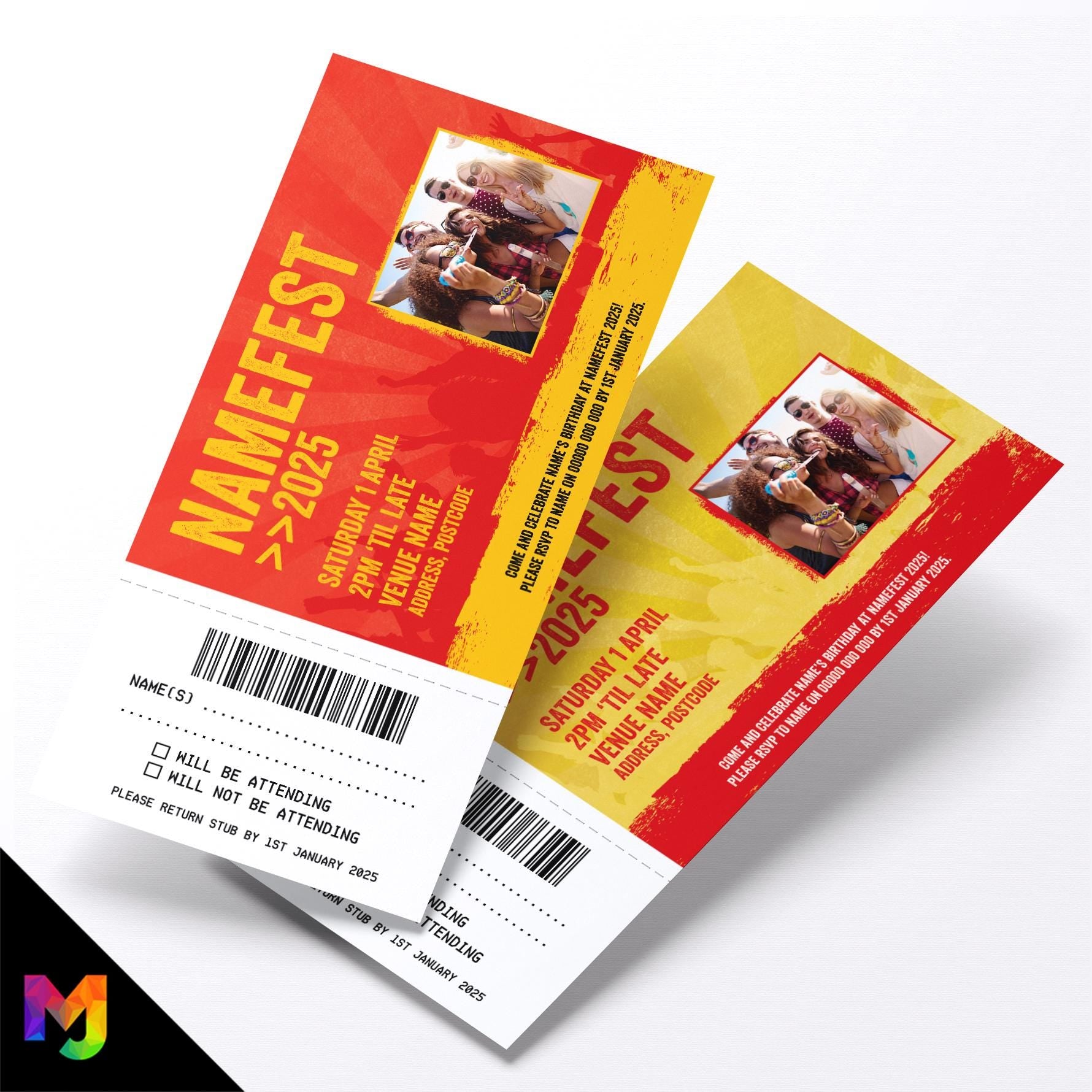 Personalised festival VIP ticket style party Invitations Invites | Red/yellow design | Perforated stubs
