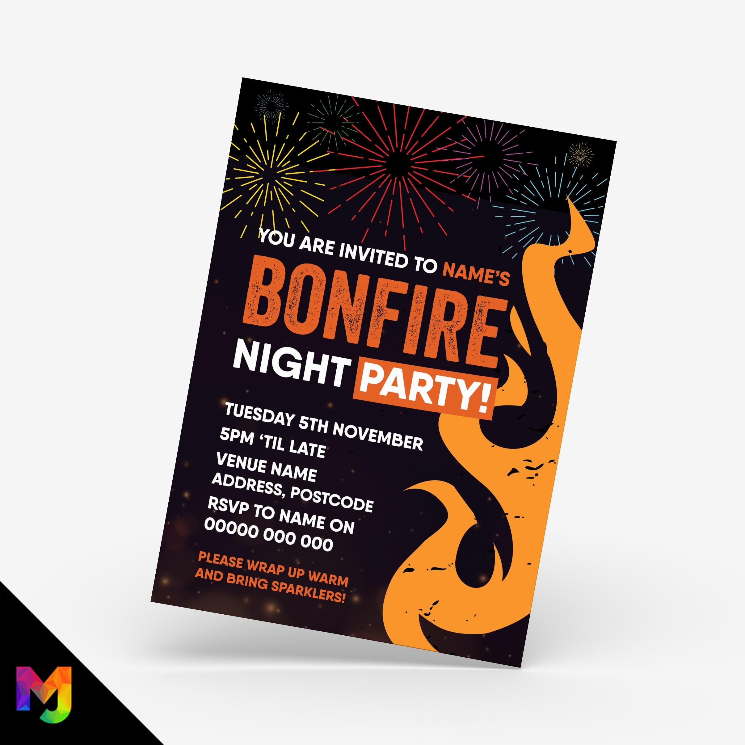 Personalised bonfire night firework party invitations | Flames sparklers family night invites