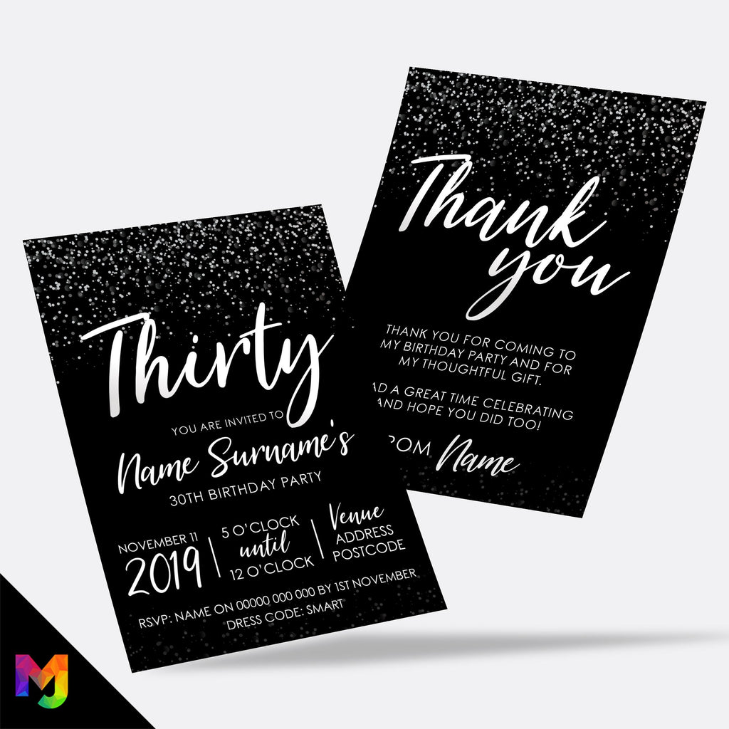 Personalised 30th birthday party Invitations Invites | Black white silver glitter modern design