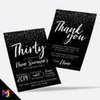 Personalised 30th birthday party Invitations Invites | Black white silver glitter modern design