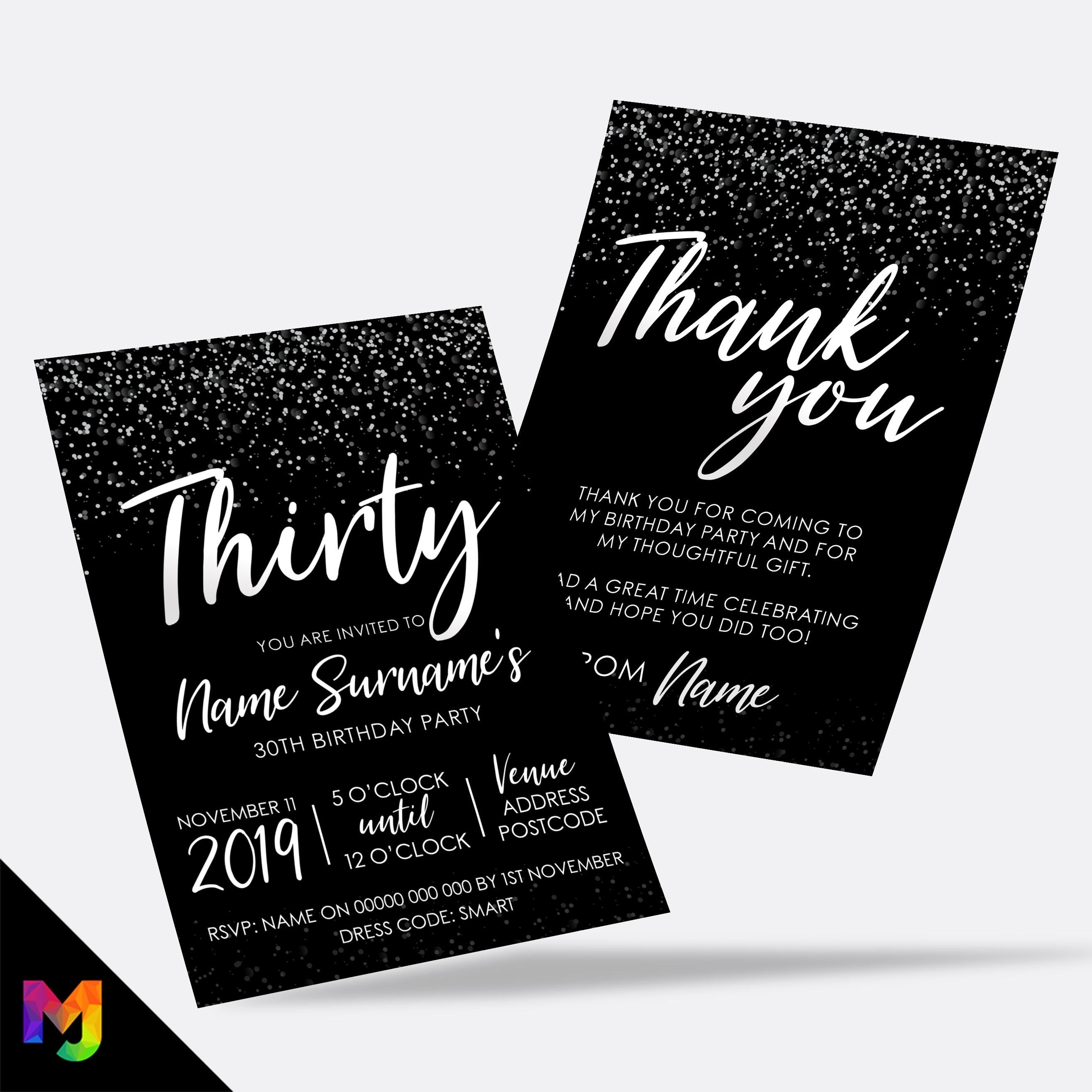 Personalised 30th birthday party Invitations Invites | Black white silver glitter modern design