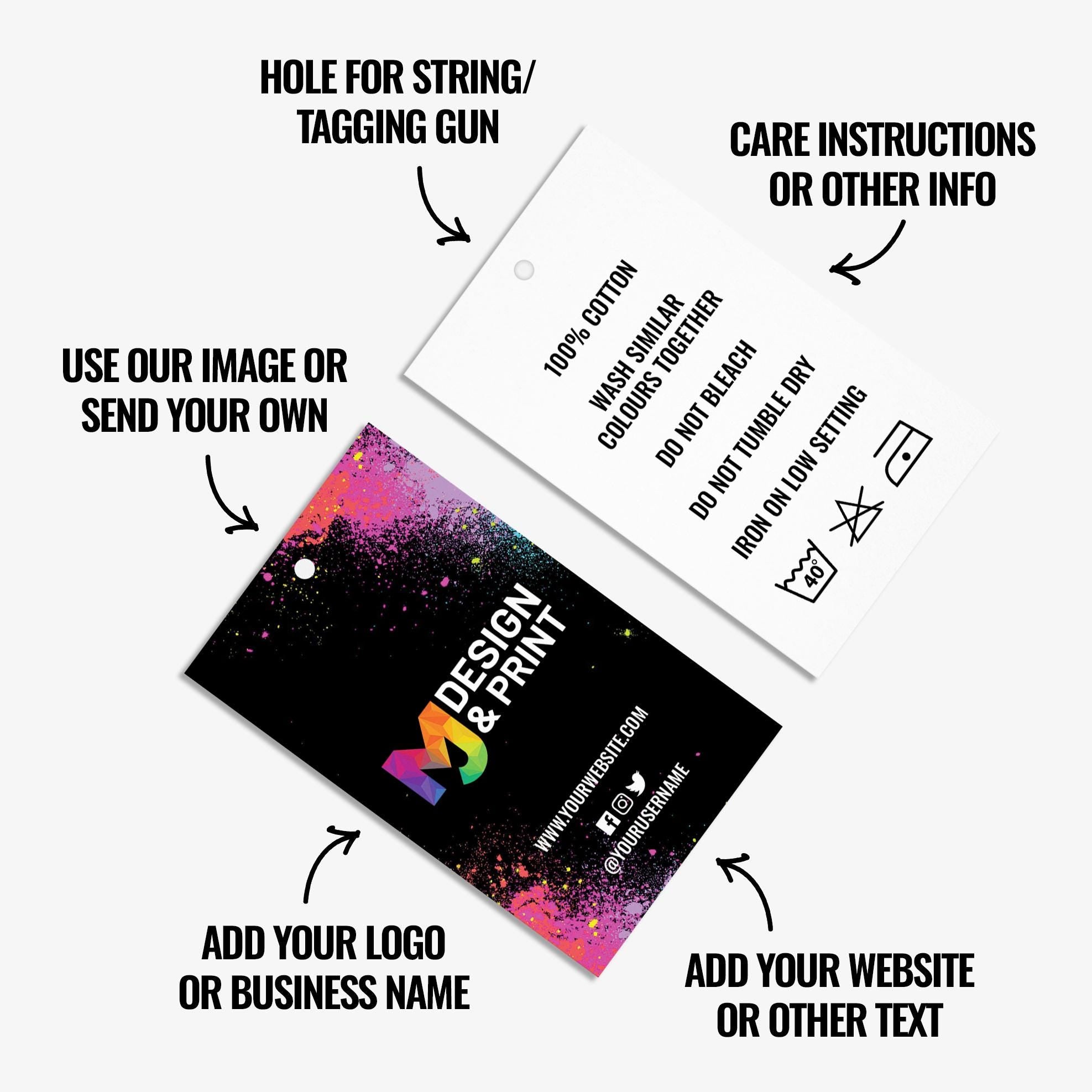 Custom printed clothing swing tags cards | Black purple glitter modern style design