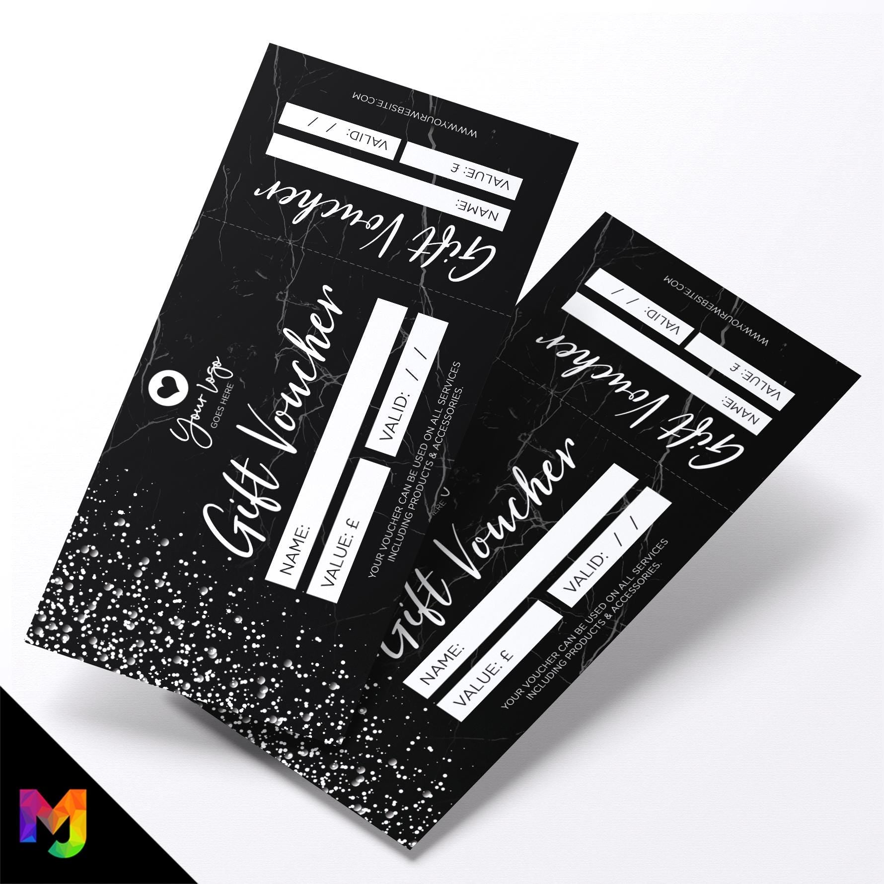 Custom printed gift vouchers | Perforated stubs | Marble Black White Modern Sparkle Style Modern Elegant Fancy