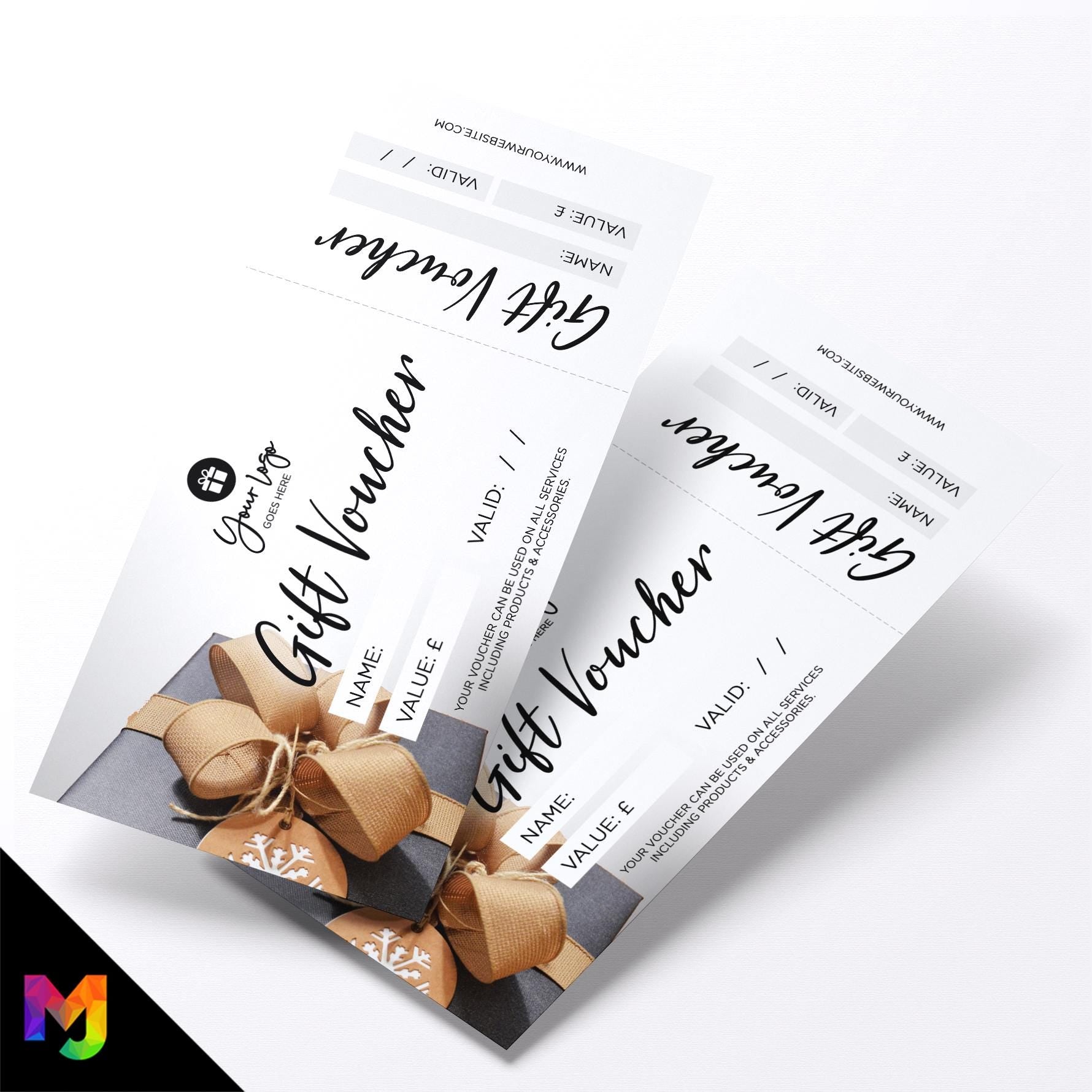 Custom printed gift vouchers | Perforated stubs | Present Gift Box Design Grey Gold White Elegant 1