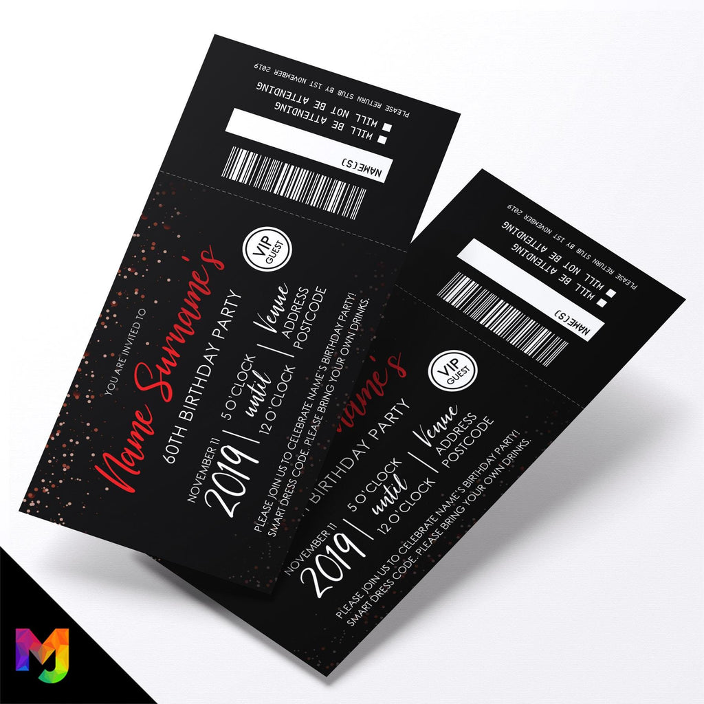 Personalised 60th birthday party red black glitter ticket style Invitations Invites | Perforated | Any age!