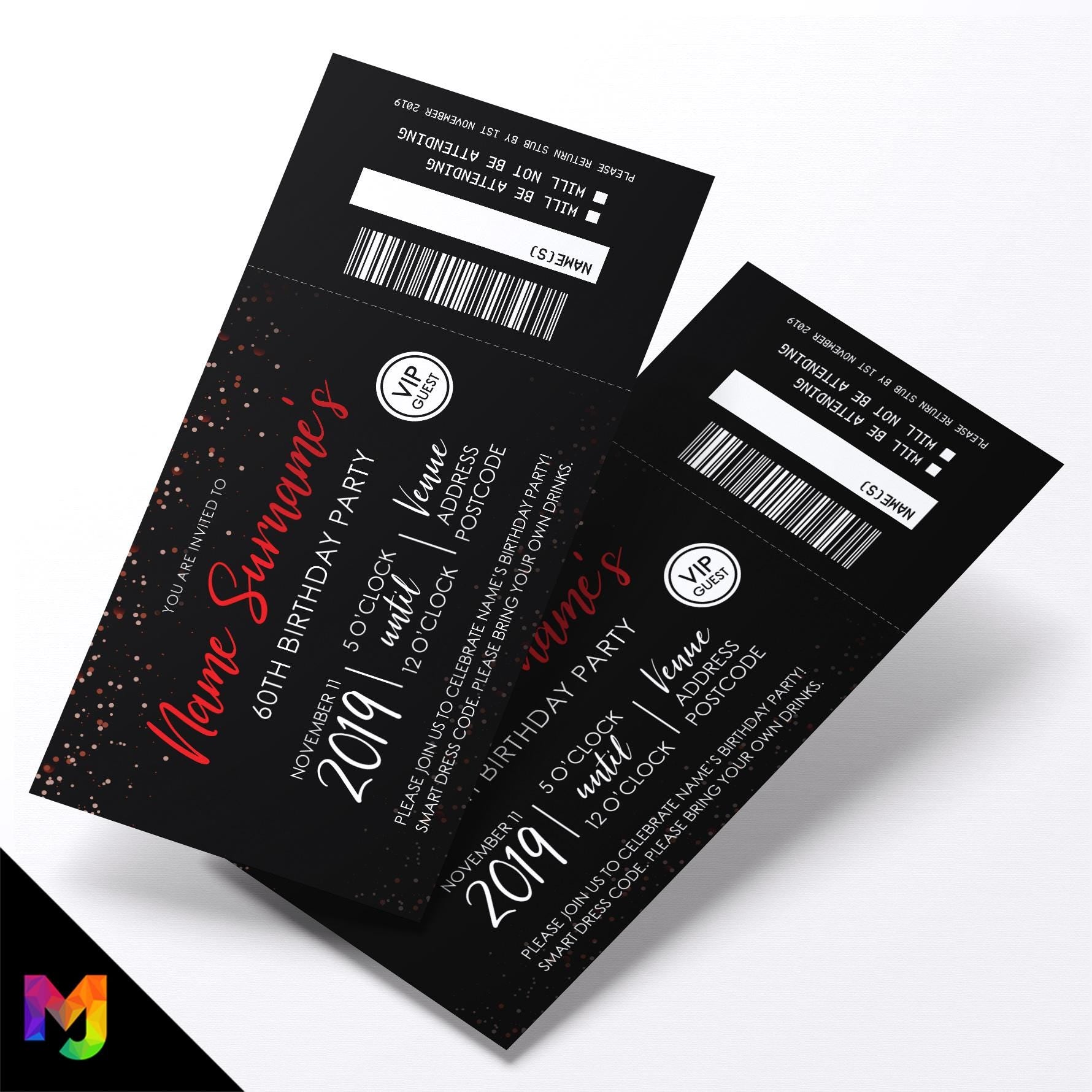 Personalised 60th birthday party red black glitter ticket style Invitations Invites | Perforated | Any age!