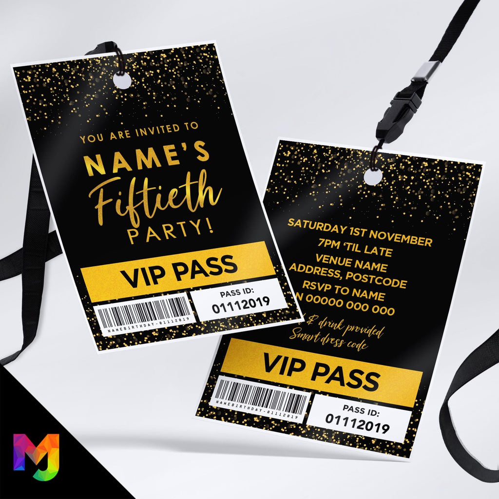 Personalised 50th birthday style VIP pass & lanyards | Gold black glitter design | ANY AGE!