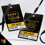 Personalised 50th birthday style VIP pass & lanyards | Gold black glitter design | ANY AGE!