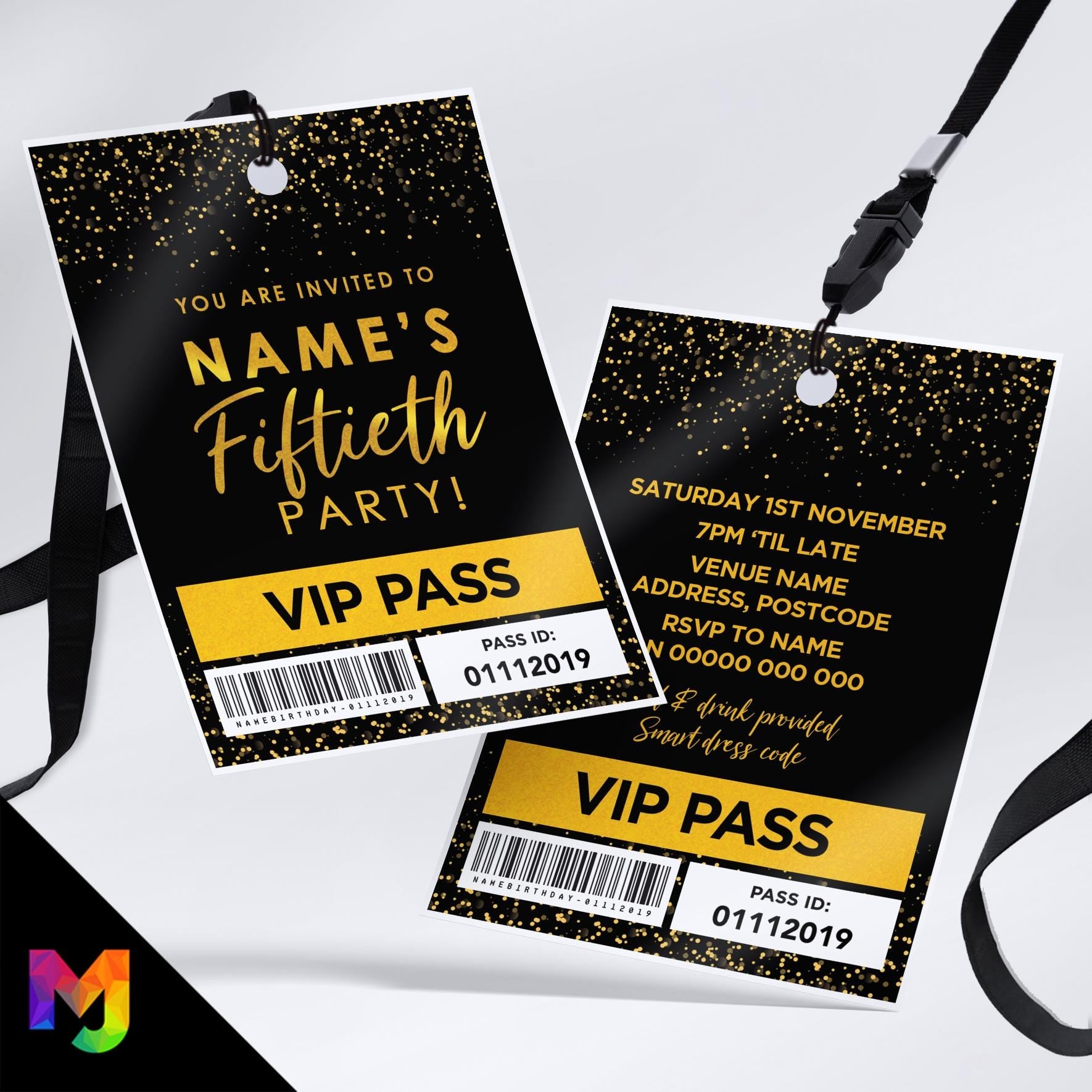 Personalised 50th birthday style VIP pass & lanyards | Gold black glitter design | ANY AGE!