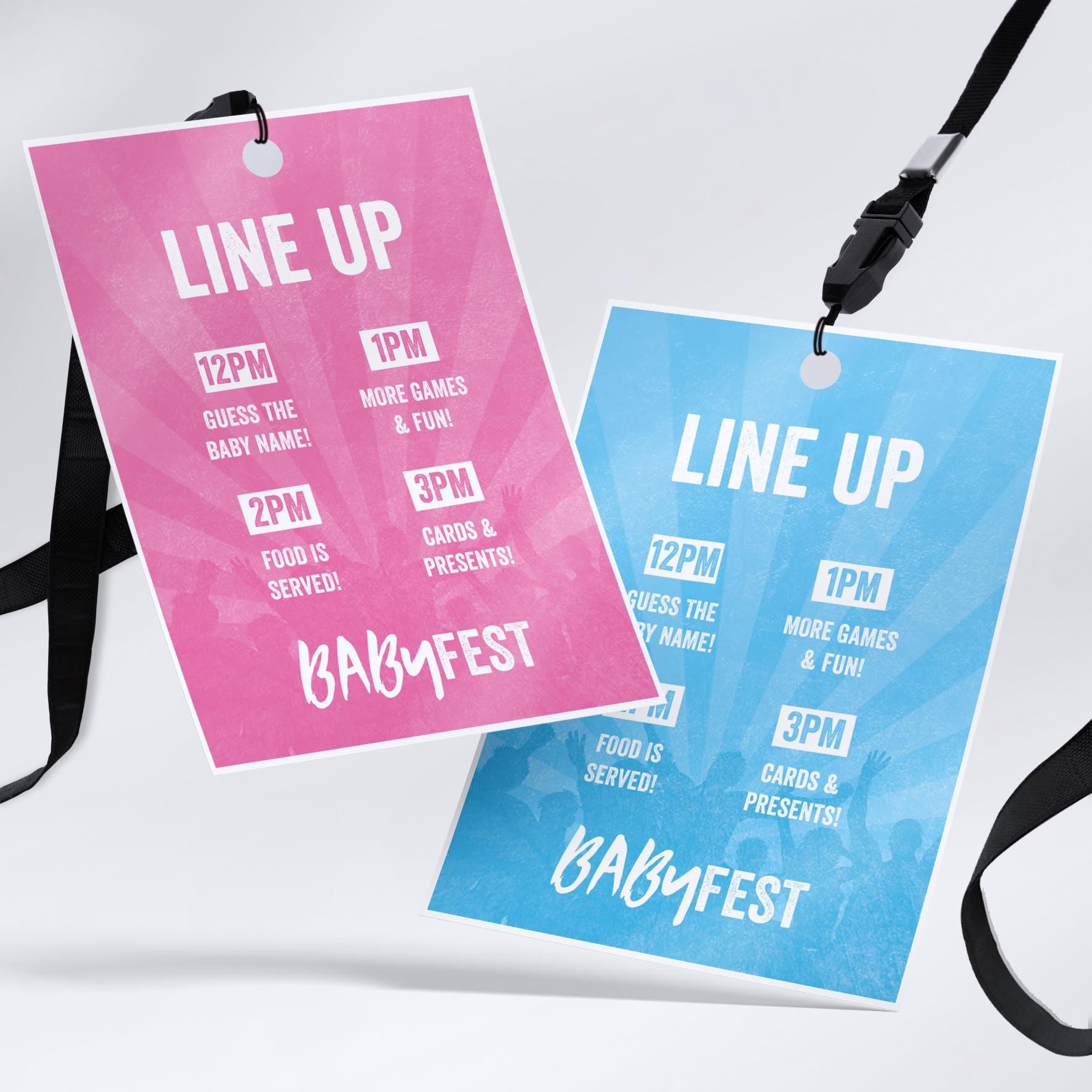 Personalised 'BabyFEST' festival style baby shower / gender reveal party lanyard Invitations Invites | Boys/girls