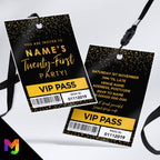 Personalised 21st birthday style VIP pass & lanyards | Gold black glitter design | ANY AGE!