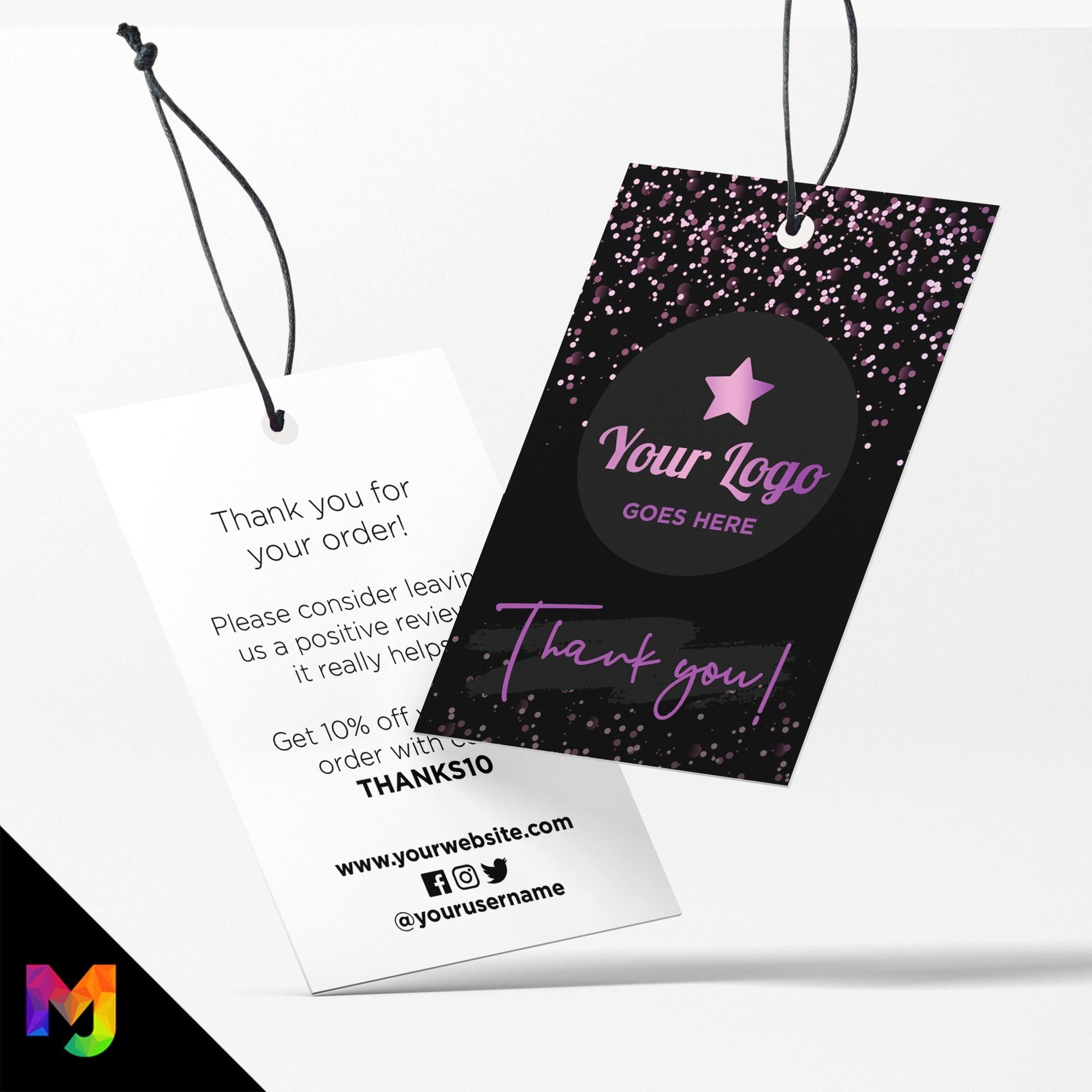 Custom printed thank you swing tags cards | Black purple glitter modern style design