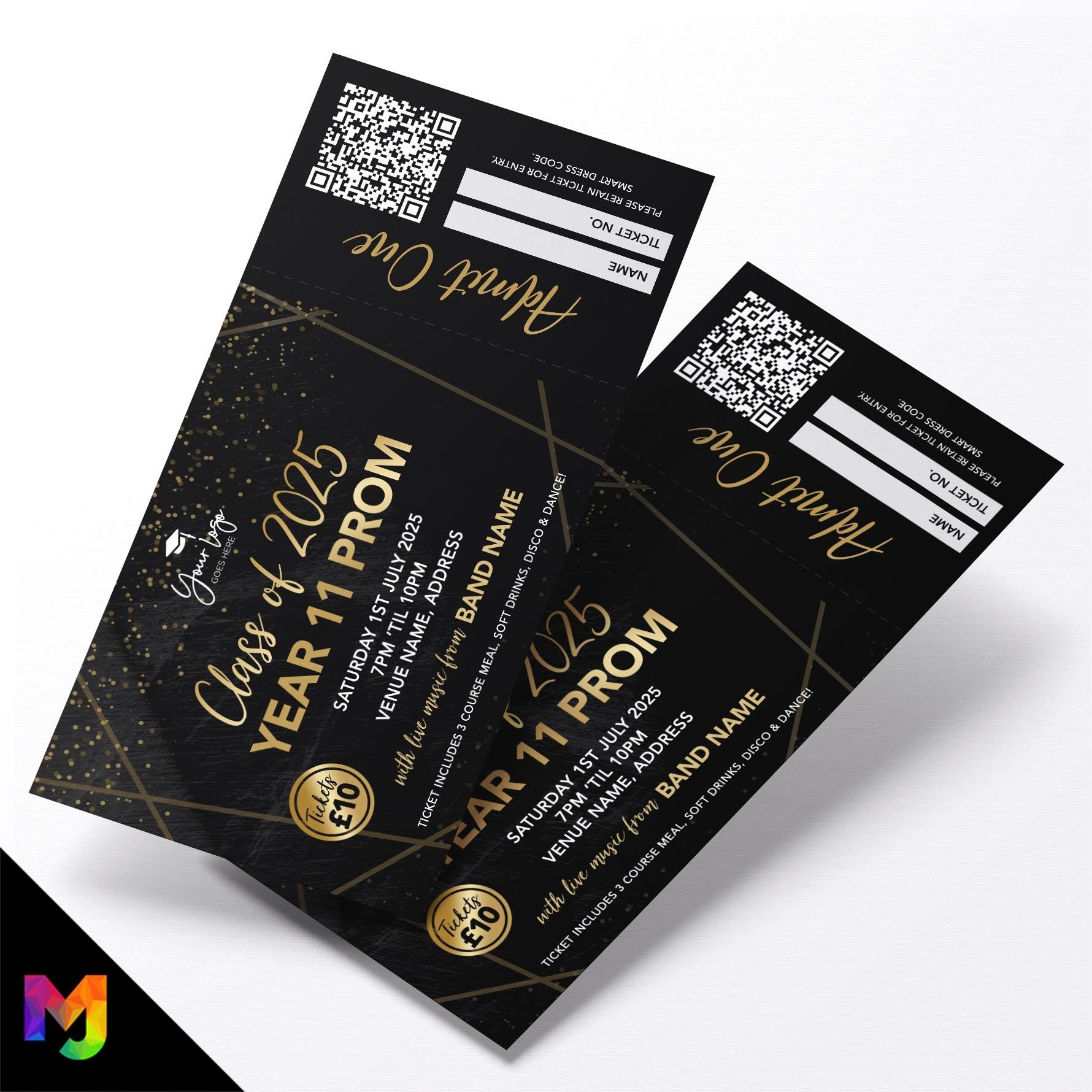 Custom printed school prom tickets | Perforated stubs | Black marble gold school student prom leaving party Class of 2025