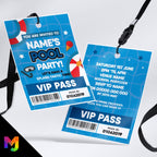 Personalised pool swimming party style VIP pass & lanyard Invitations Invites